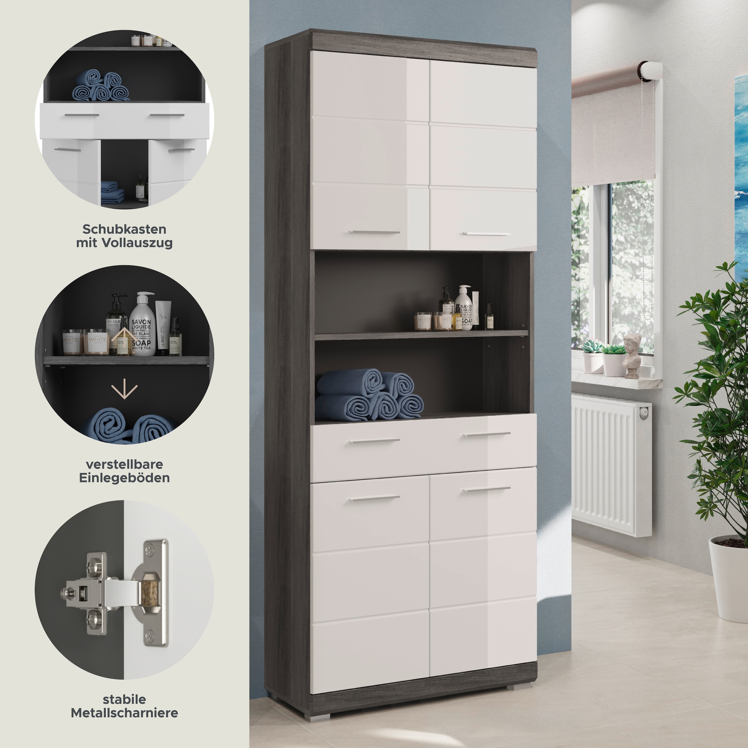 INOSIGN Hochschrank »Siena, Breite 74cm, 4 Türen, 1 Schubkasten, 2 offene Fächer, MDF-Front«, in verschiedenen Farben erhältlich, Badmöbel, Badschrank, Schrank, Bad