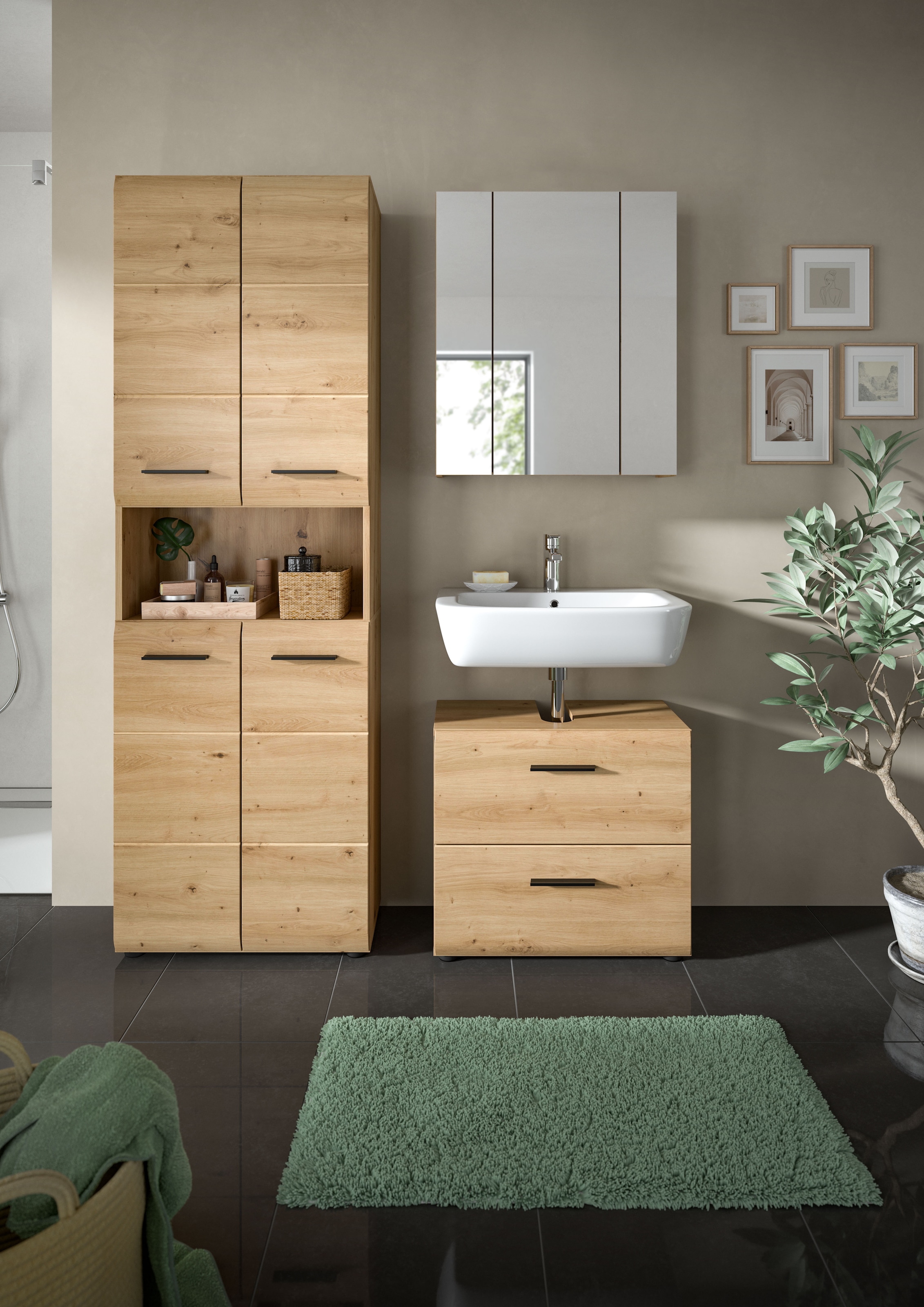 INOSIGN Badmöbel-Set »FLORENZ, TOPSELLER!, 3-teilige Badkombination, hochwertige MDF-Front«, (Set, 3 St., best. aus: 1 Hochschrank, 1 Waschbeckenunterschrank, 1 Spiegelschrank), Florenz, Badkombination 3-tlg., Artisan Oak NB, Hochschrank, WBU