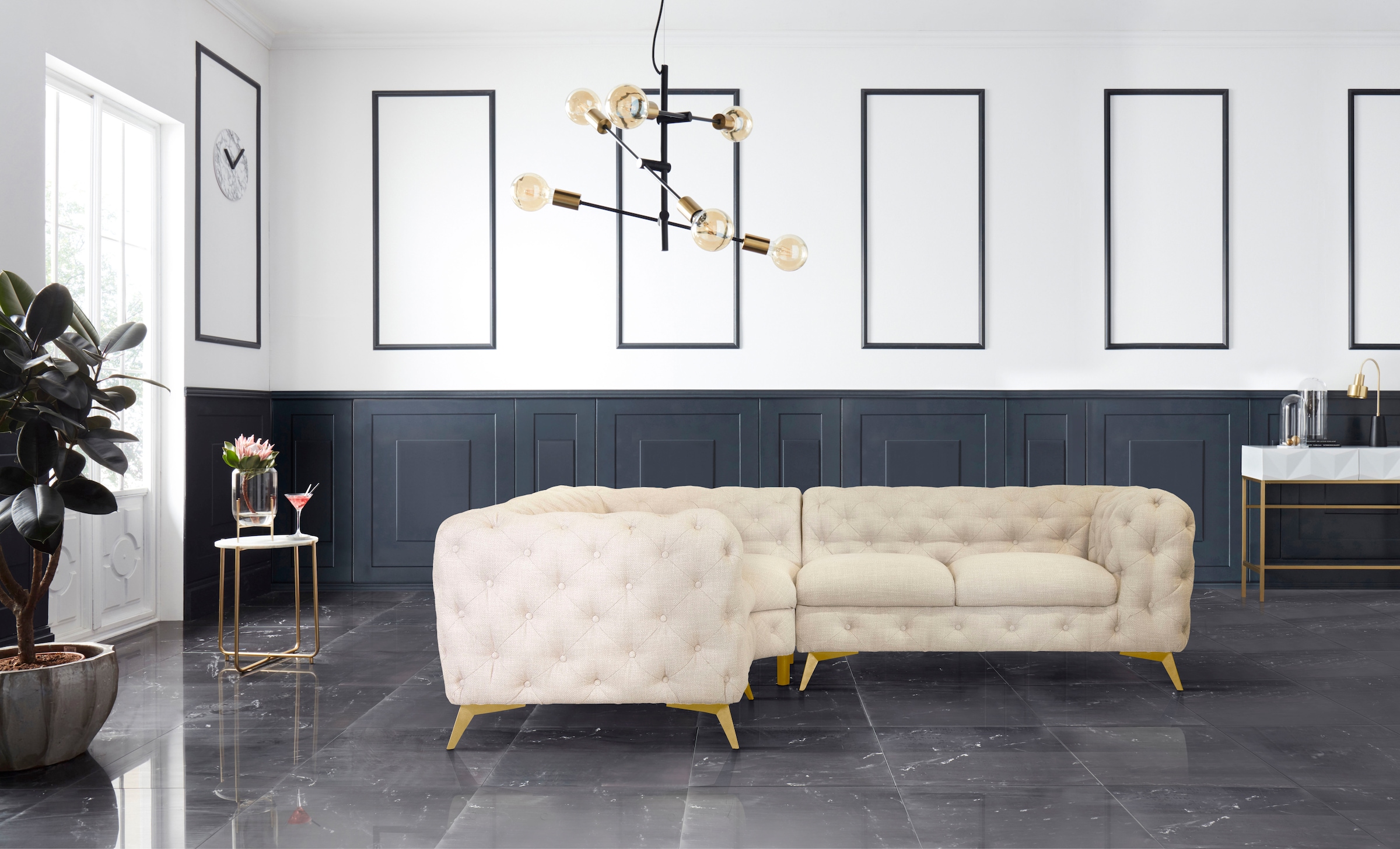 Leonique Chesterfield-Sofa »Ecksofa GLYNIS L-Form mit Wellenunterfederung, Maße B/T/H 264/204/75cm«, aufwändige Knopfheftung, moderne Chesterfield Optik, Fußfarbe wählbar