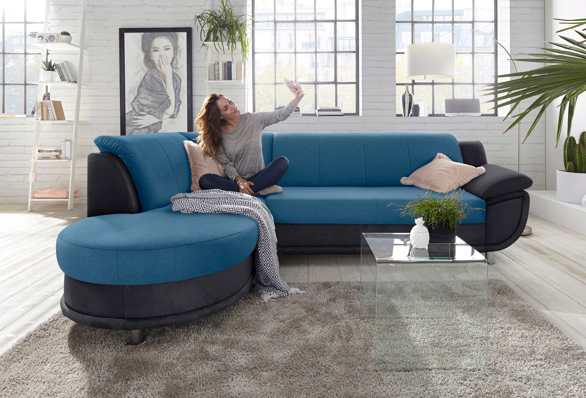 TRENDMANUFAKTUR Ecksofa »Rondo 3, zeitlos und bequem, Materialmix, breite Armlehnen, L-Form« wahlweise mit Federkern für mehr Komfort, wahlweise mit Bettfunktion
