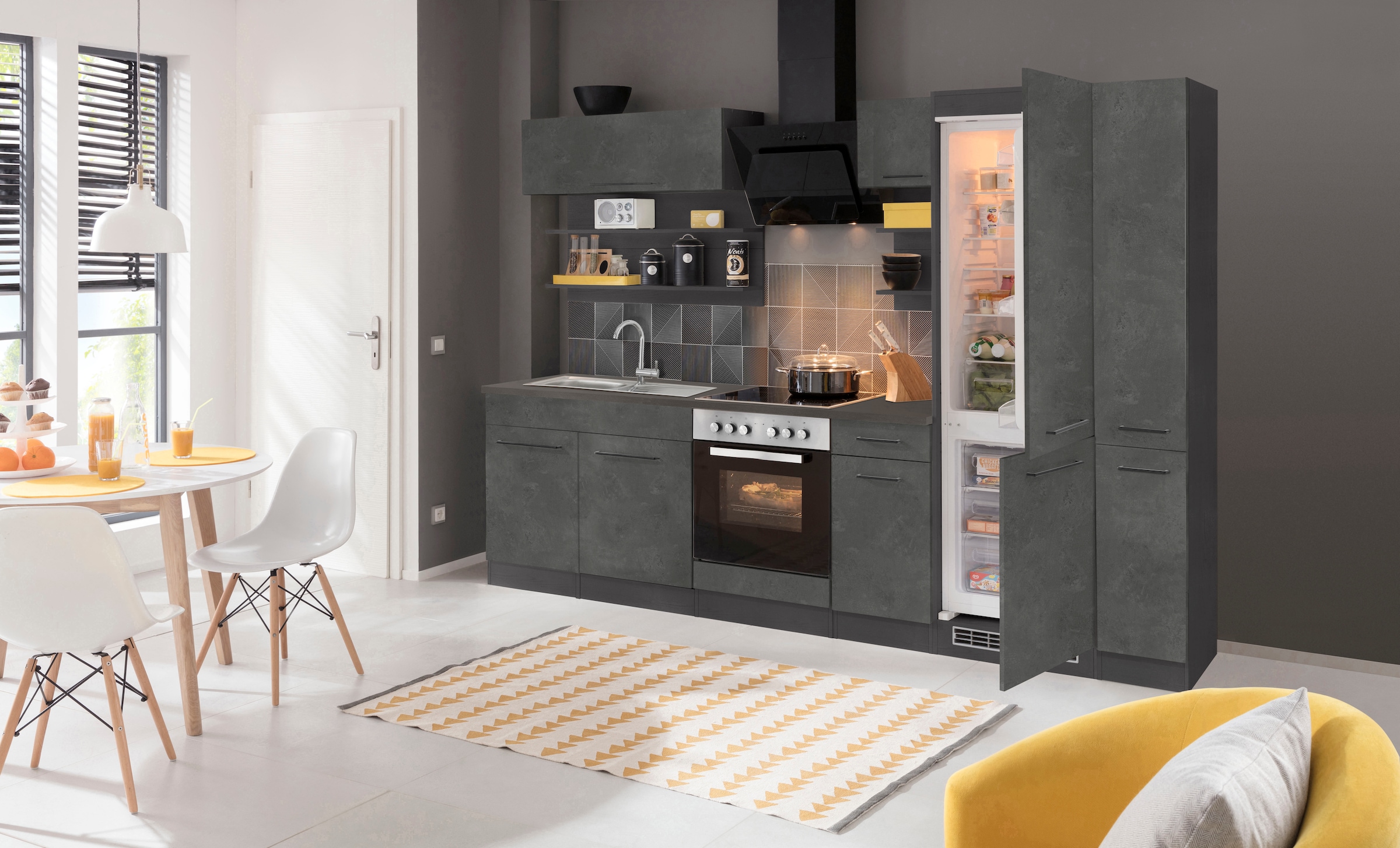 KOCHSTATION Küchenzeile »KS-Tulsa«, mit E-Geräten, Breite 300 cm, schwarze Metallgriffe, MDF Fronten