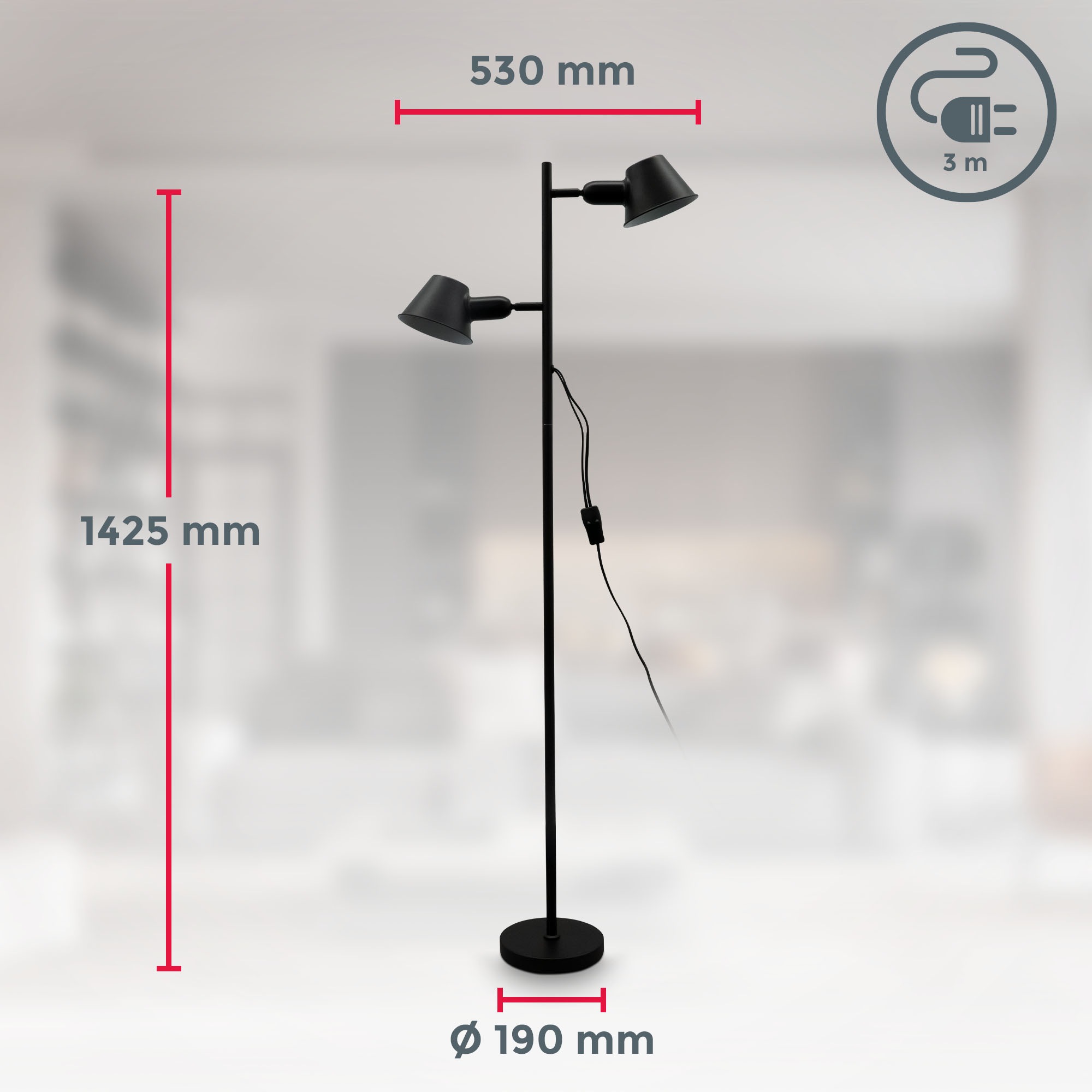 B.K.Licht Stehlampe »Design-Stehlampe, inkl. Doppel-Kippschalter«, 2 flammig, Leuchtmittel E27 | ohne Leuchtmittel, Schwarz, Metall, 2x E27-Fassung, H: 142,5cm