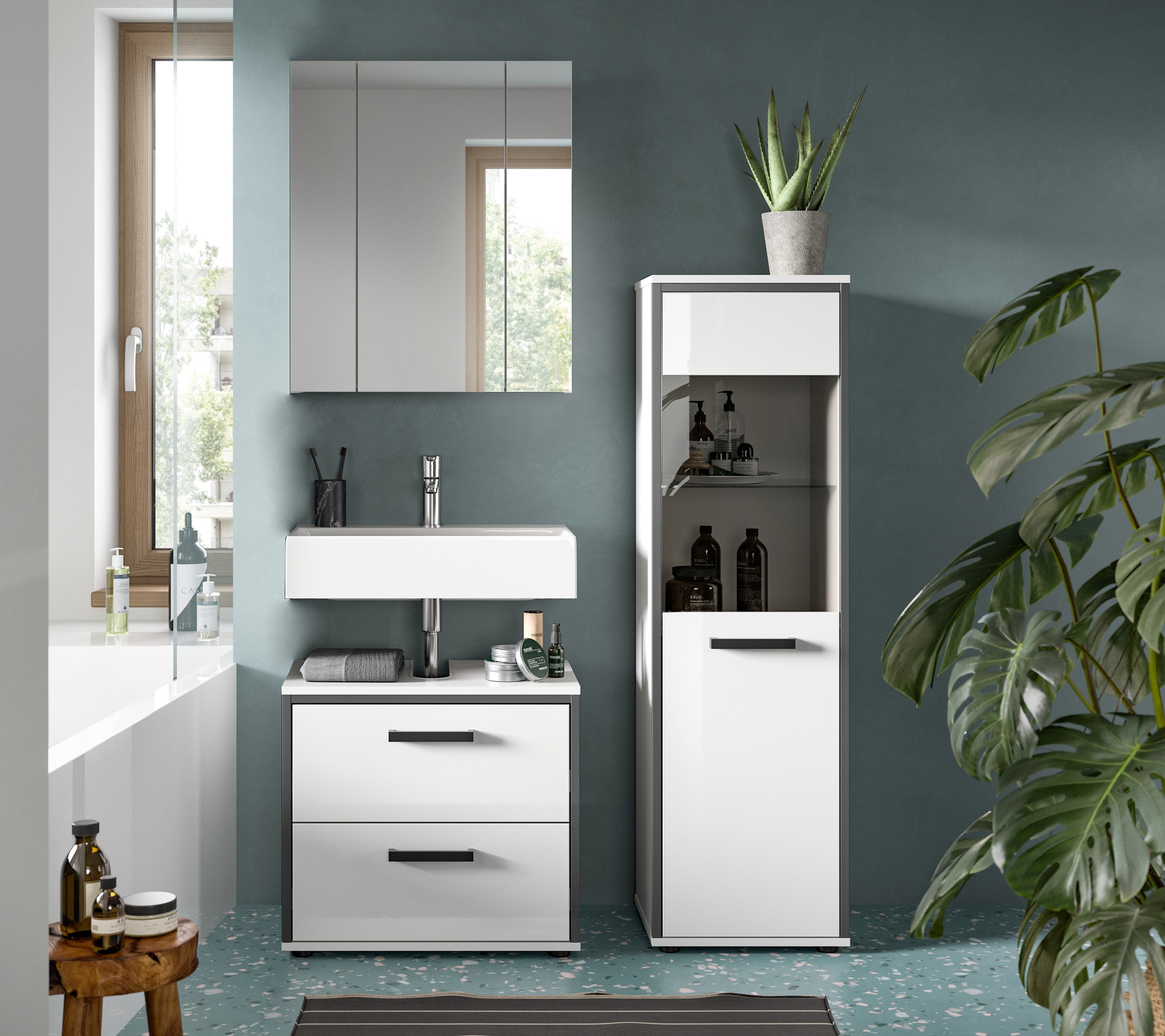 welltime Badmöbel-Set »KAJO, 3-tlg. Badkombination, weiß hochglanz« Set, Set, best. aus:1 Midischrank,1Spiegelschrank,1Waschbeckenunterschrank, 3 Stk. tlg.