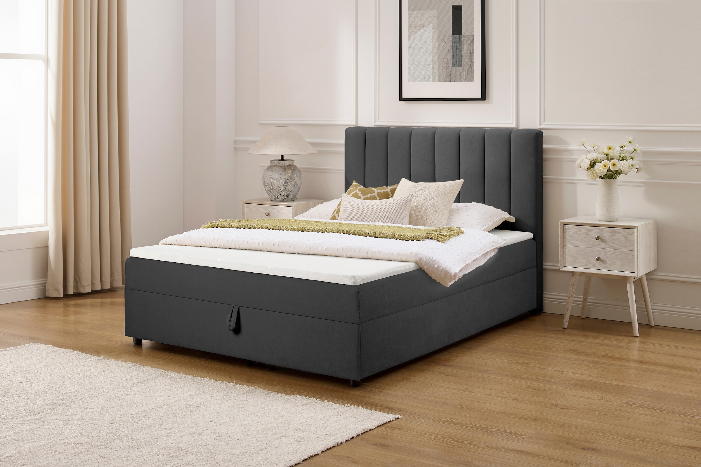 OTTO home Boxbett »HAILEYY, Polsterbett mit Bettkasten, inkl. Taschenfederkernmatratze H3« mit Kaltschaumtopper, Chenille-Bezug, 140x200 & 180x200 cm