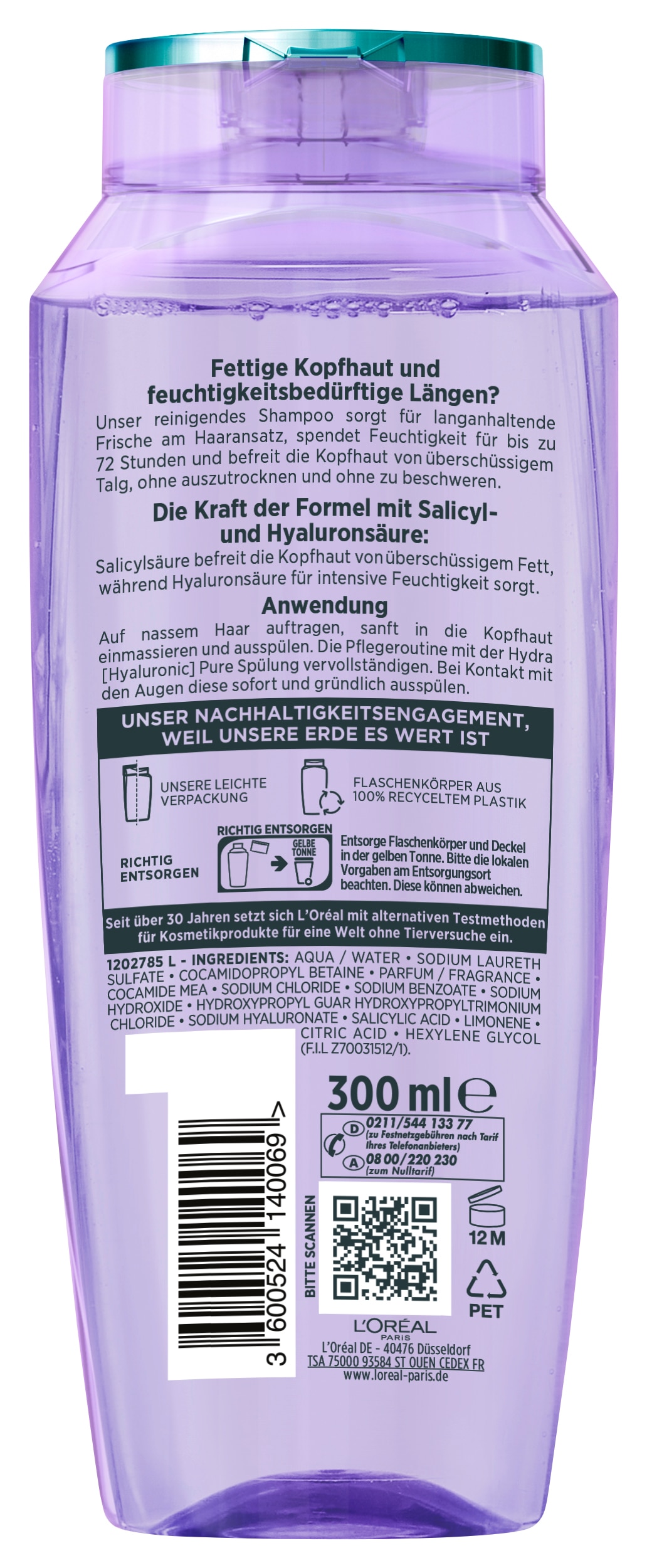 L'ORÉAL PARIS Haarshampoo »L'Oréal Paris Elvital Hydra Hyaluronic Pure Shampoo«, (Packung, 6 tlg.), Reinigt fettige Kopfhaut, spendet bis zu 72h Feuchtigkeit für Längen.