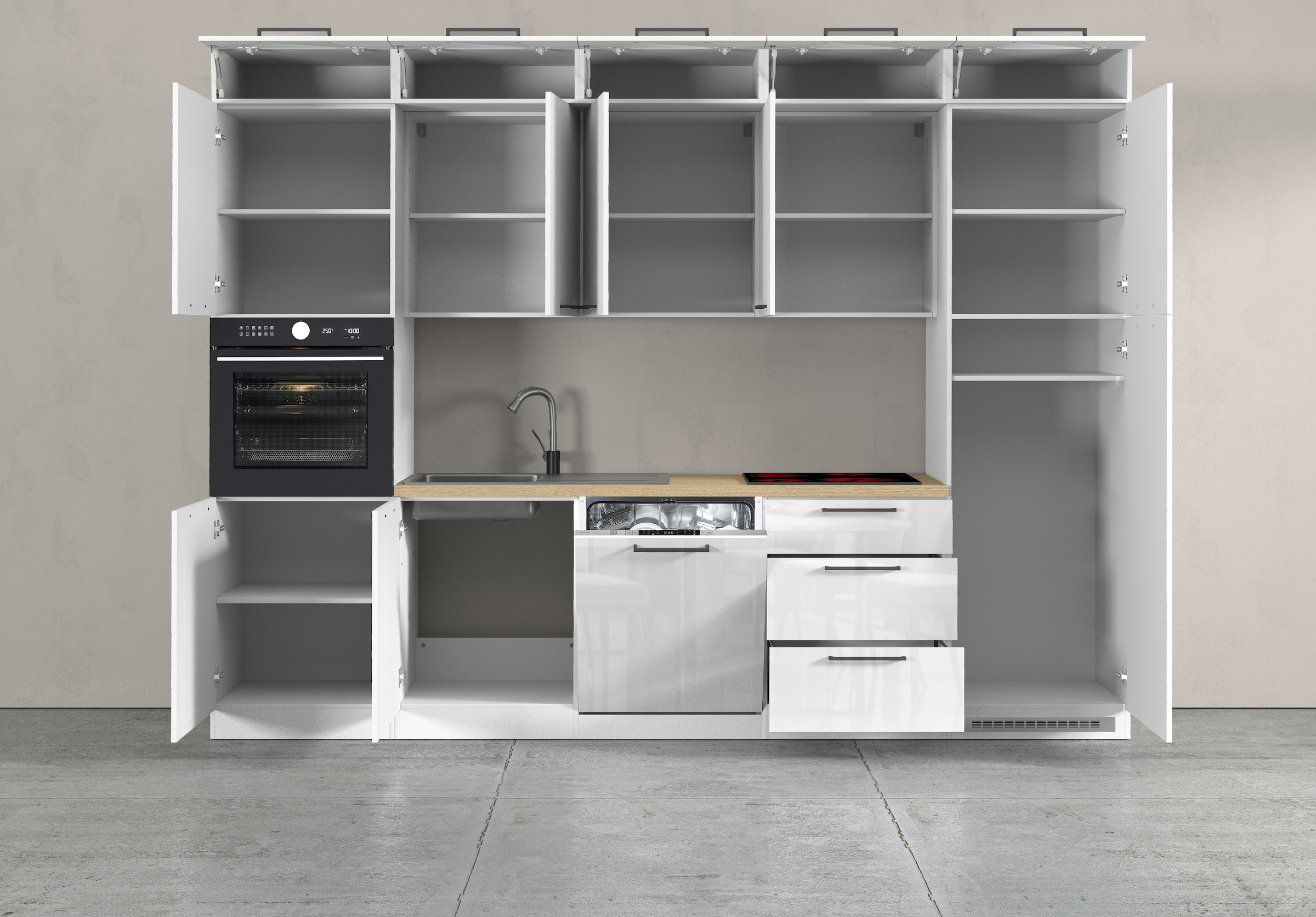 KOCHSTATION Küchenzeile »Luna, Einbauküche, Zeilenküche, mit Soft-Close Funktion, Made in Italy« Breite 300 cm ohne E-Geräte, mit Spüle+Siphon und Aufsatz