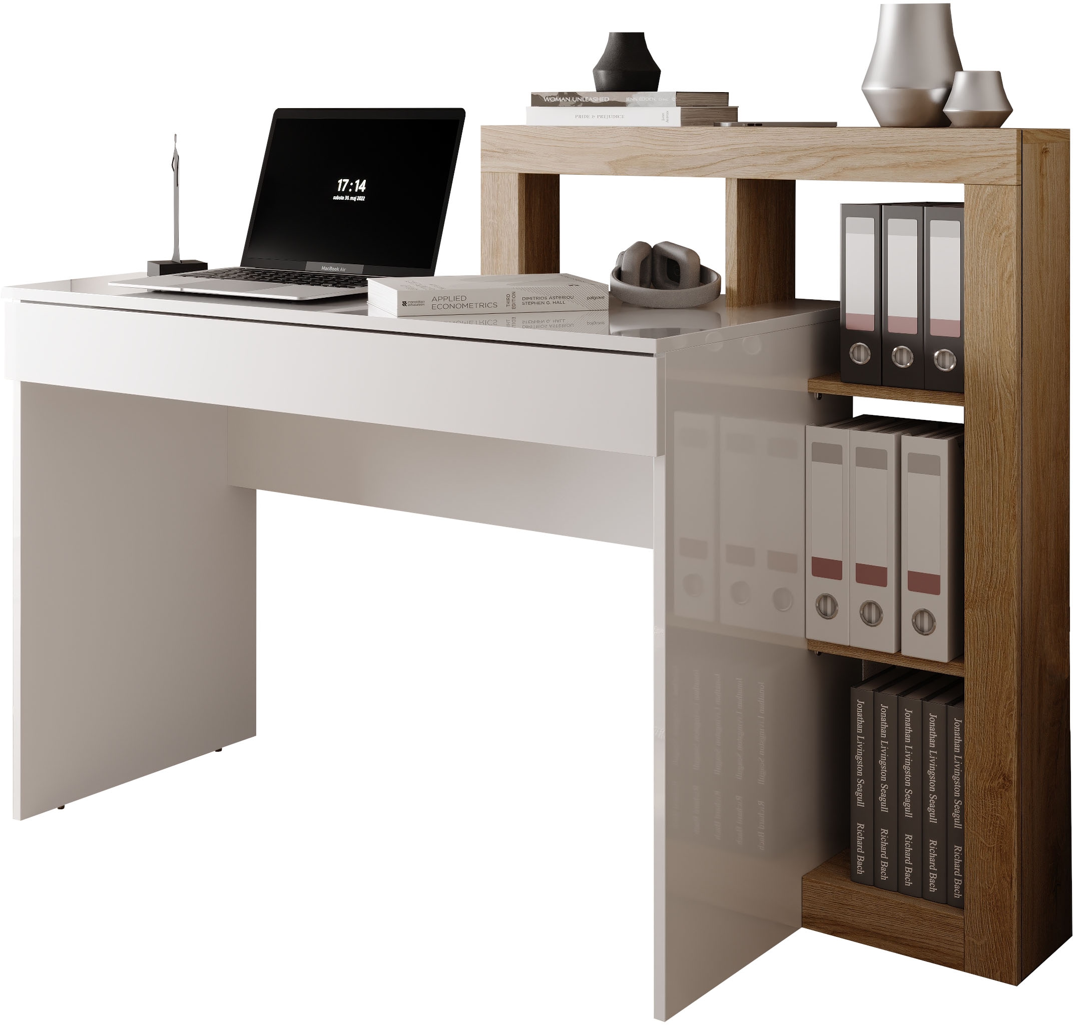 INOSIGN Schreibtisch »Hamburg, Breite 138 cm, Tiefe 50 cm, mit Schubkasten u. Aufsatz/Regal«, Computertisch, Arbeitstisch, Schminktisch, Arbeitsplatz, 4 Fächer