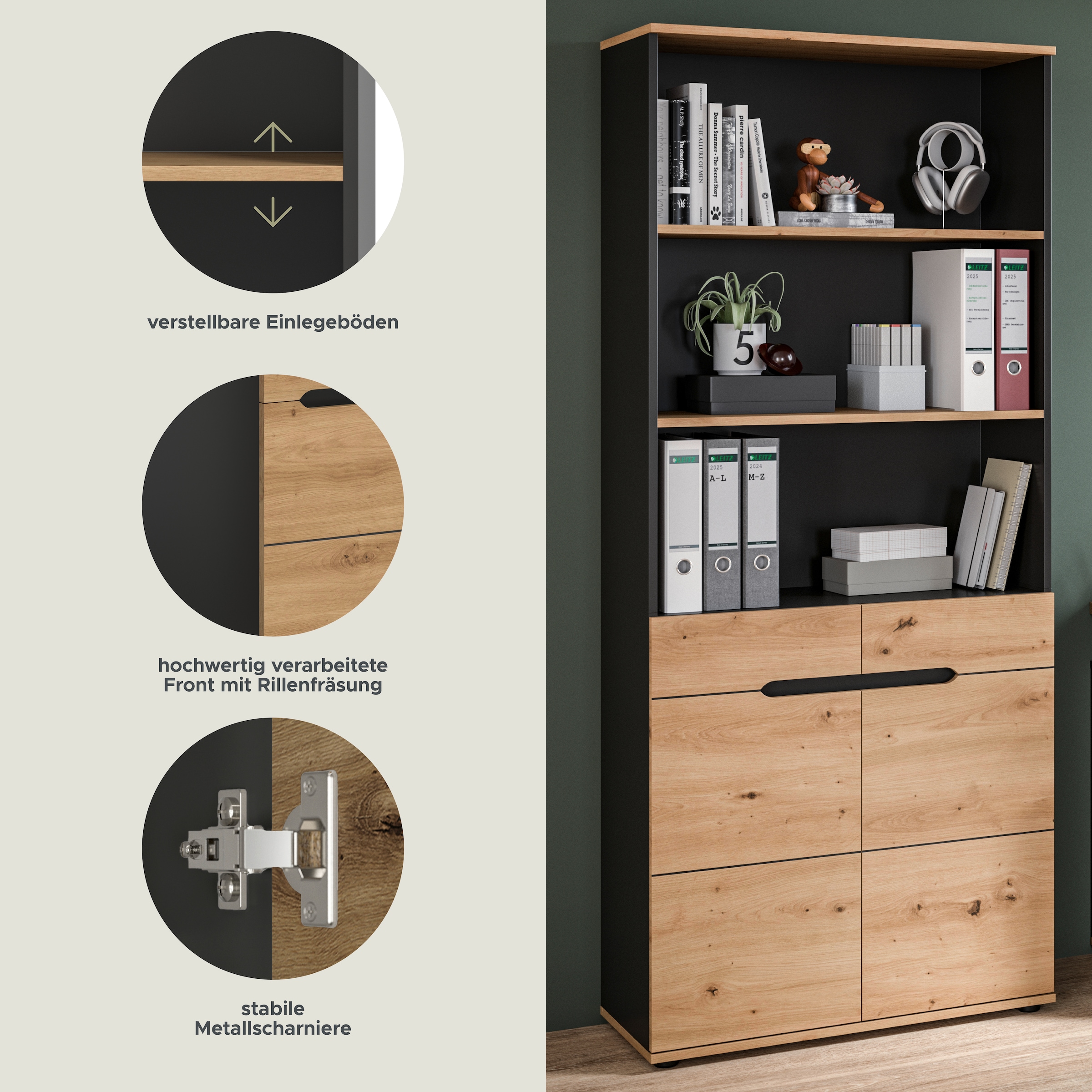 Home affaire Aktenschrank »REHAT, TOPSELLER!, Höhe 190cm, 5 Fächer, 3 feste & 1 variabler Boden« bietet viel Stauraum für ca. 35 Aktenordner,  Regal, Schrank, Büroschrank, Homeoffice, Office, Büro