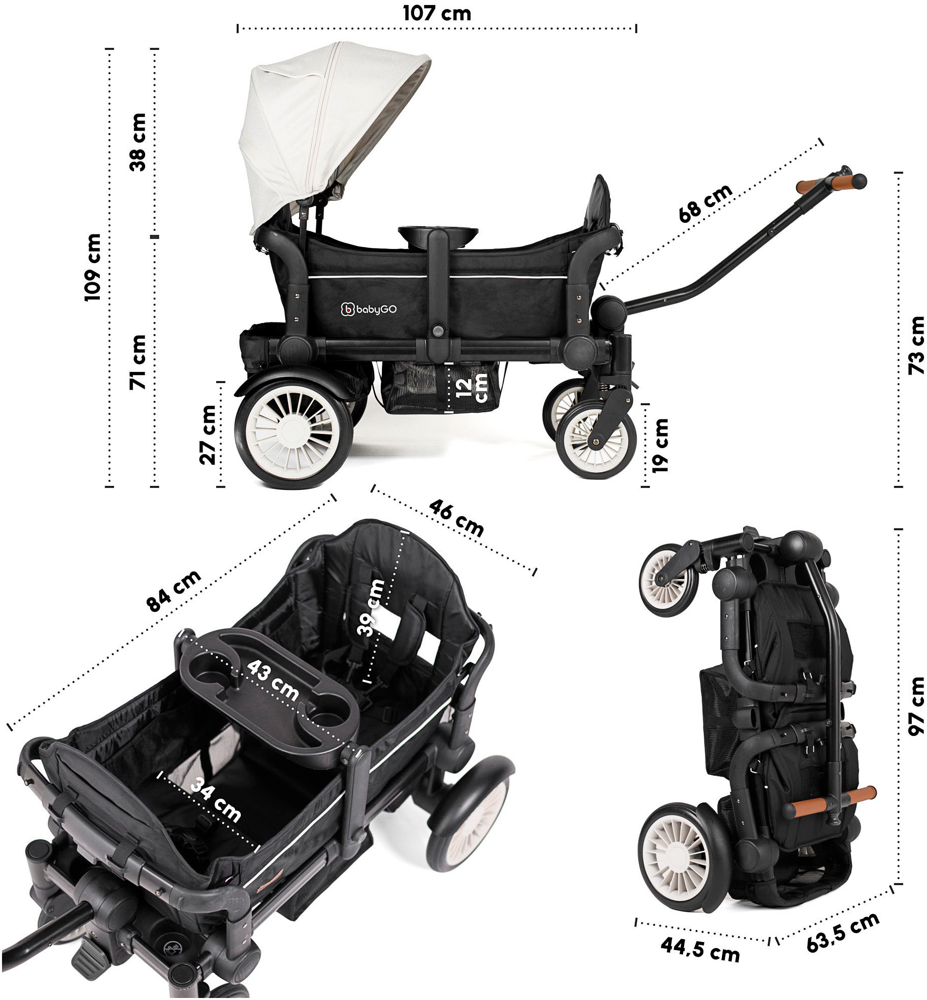 BabyGo Bollerwagen »Cozy Rider«, (Set, 7 tlg., inkl. 2x Sonnenschutz, Tisch, Moskito- u. Regenschutz, Flaschenhalter), klein zusammenfaltbar