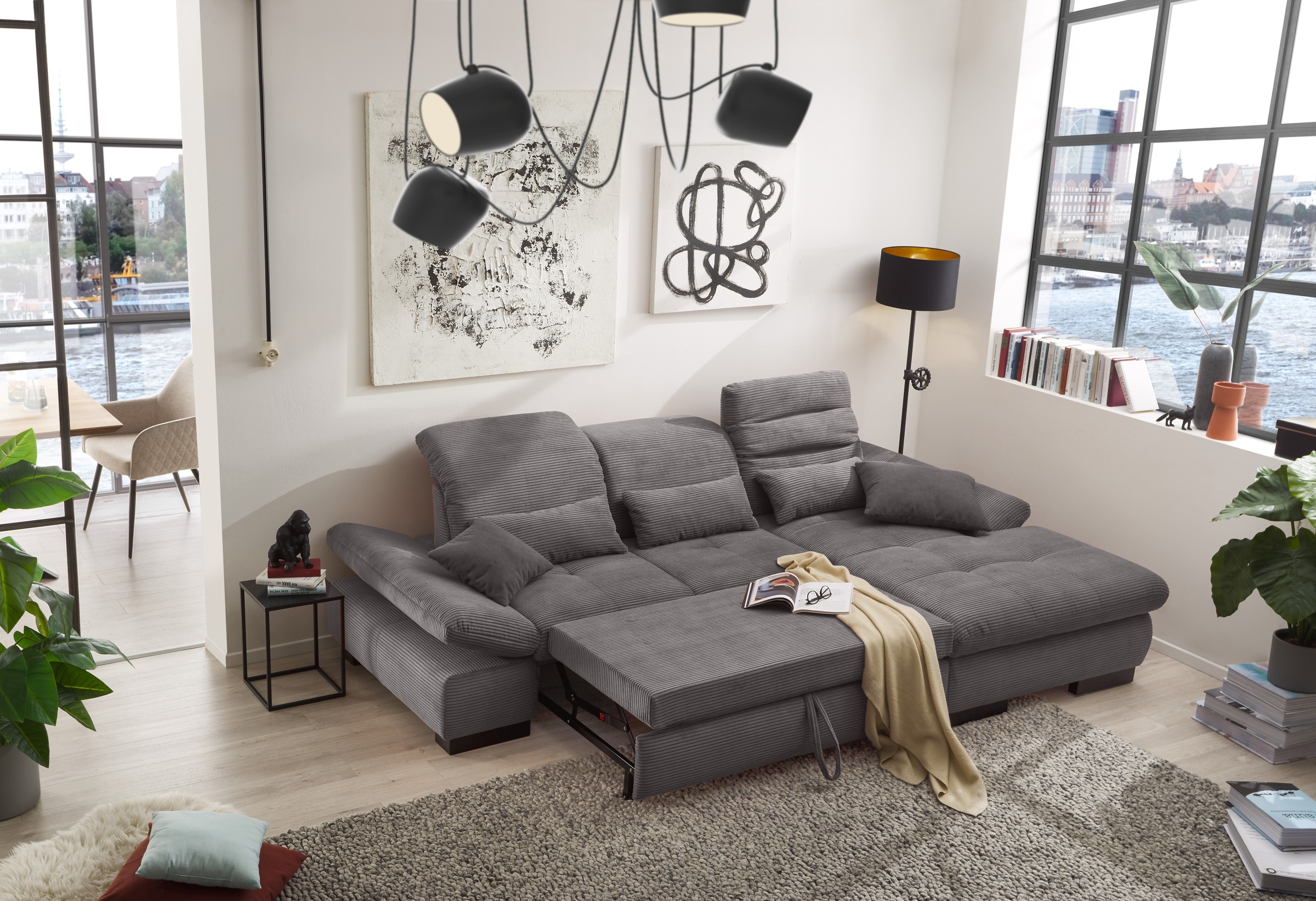 set one by Musterring Ecksofa »SO4100 V«, mit verstellbaren Kopfteilen, wahlweise mit Funktionen, Cord-Bezug