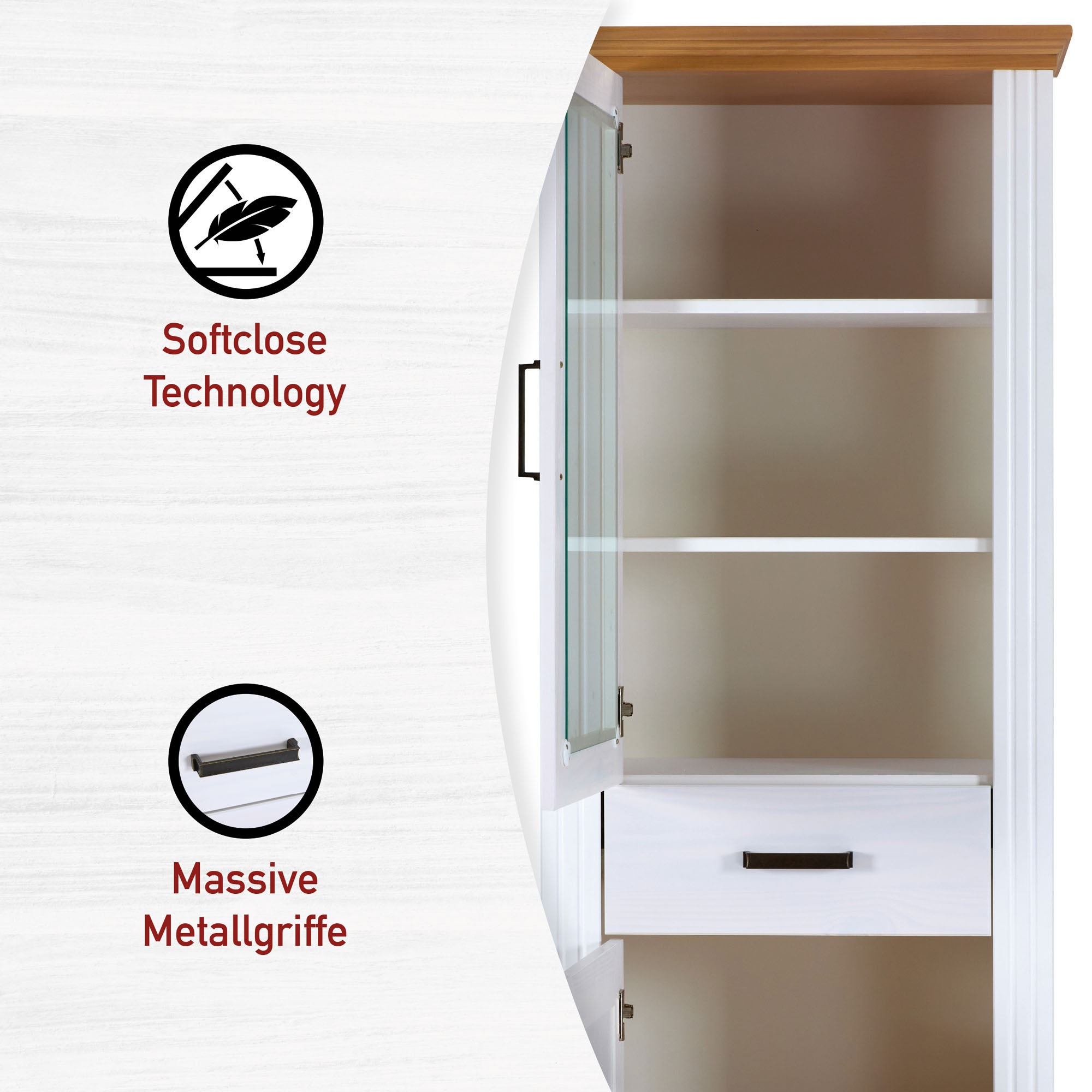 Inter Link Vitrine »Vitrine Maluno« 1 Stk. tlg. Kiefer Massiv, Soft-Close, Stauraum, BxTxH: ca. 68 x 41 x 193,1 cm