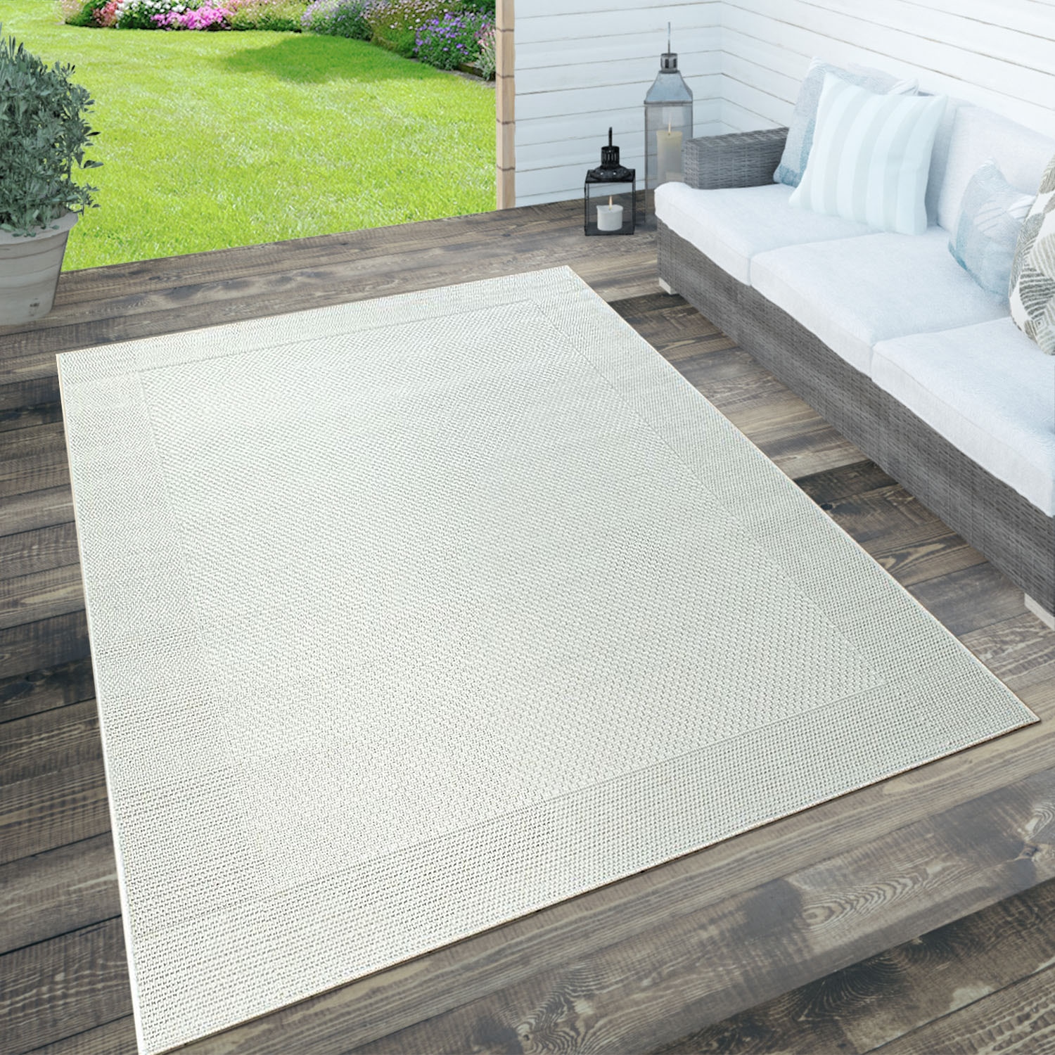 Paco Home Teppich »Waregem 621«, Raten Outdoor auf mit Bordüre, rechteckig, geeignet, kaufen meliert, Wohnzimmer Flachgewebe