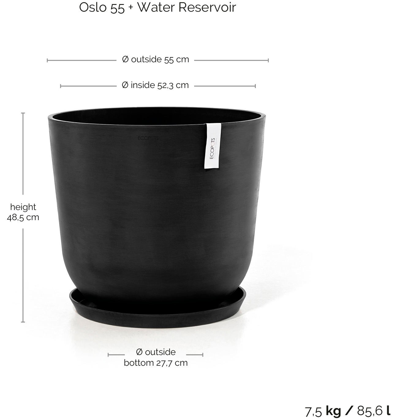 ECOPOTS Blumentopf »Oslo 55 + Wassersystem Dunkelgrau«, für innen und außen: frostsicher, bruchsicher und lichtbeständig