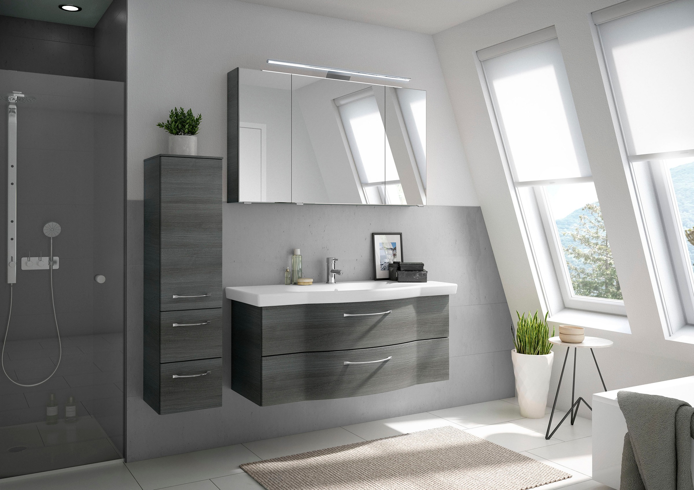 Saphir Badmöbel-Set »6005 Sprint 3-teilig, Keramik-Waschtisch mit LED-Spiegelschrank«, (4 St.), Midischrank, inkl. Türdämpfer, 4 Türen, 4 Schubladen, Bad-Set