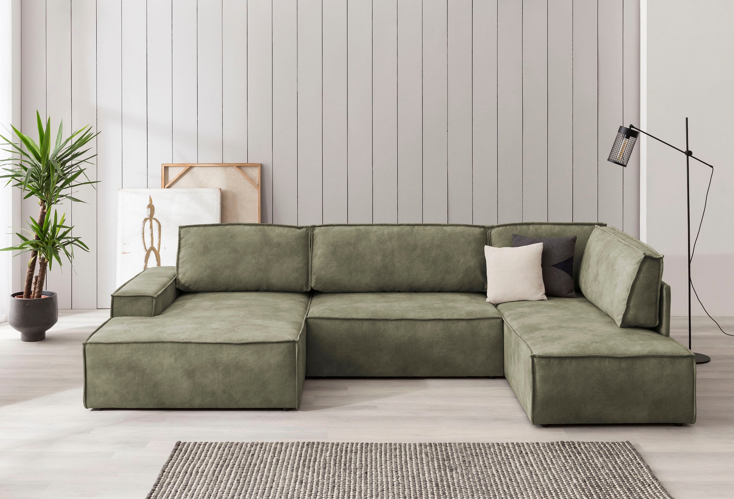 Home affaire Wohnlandschaft »SHERWOOD 329 cm, U-Form, Schlafsofa,«, Schlaffunktion m. Bettkasten (194x139 cm), Cord, Vintage, Samtvelours