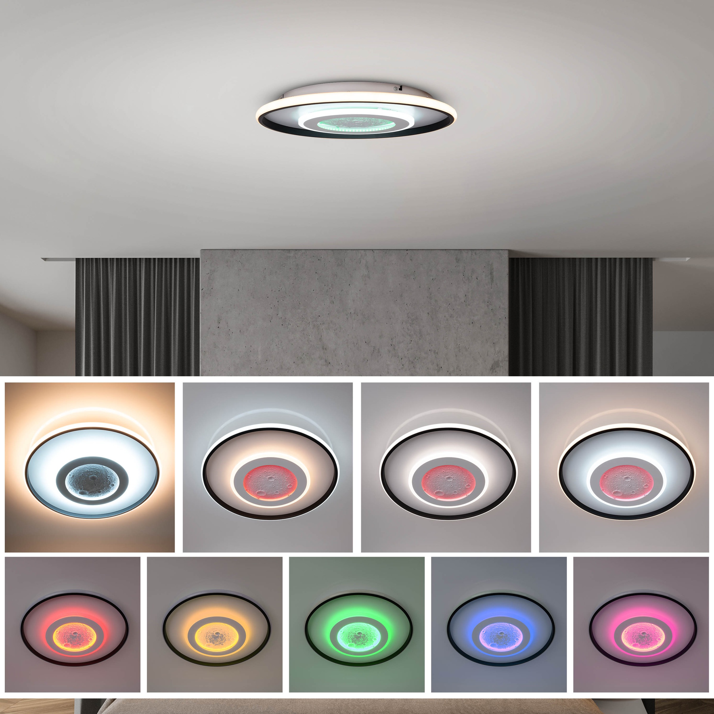 my home LED Deckenleuchte »Lyra«, 1 flammig, Leuchtmittel LED-Board | LED fest integriert, Mond (Mondstruktur), inkl. CCT, RGB Memory, Nachtlicht, Fernbedienung