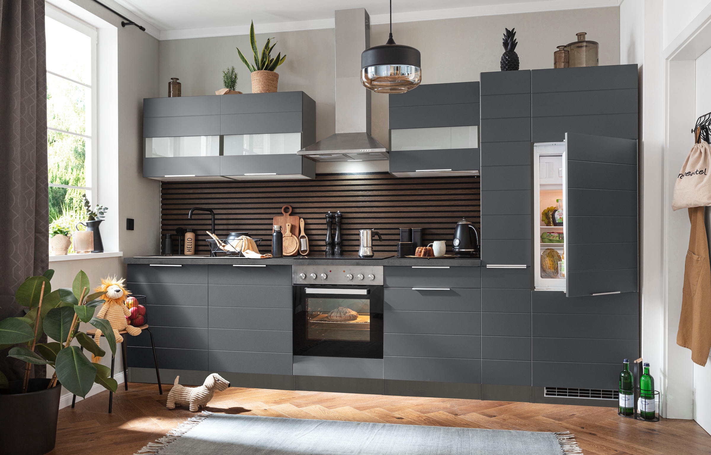 KOCHSTATION Küchenzeile »KS-Luhe« 330 cm breit, wahlweise mit oder ohne E-Geräten, gefräste MDF-Fronten