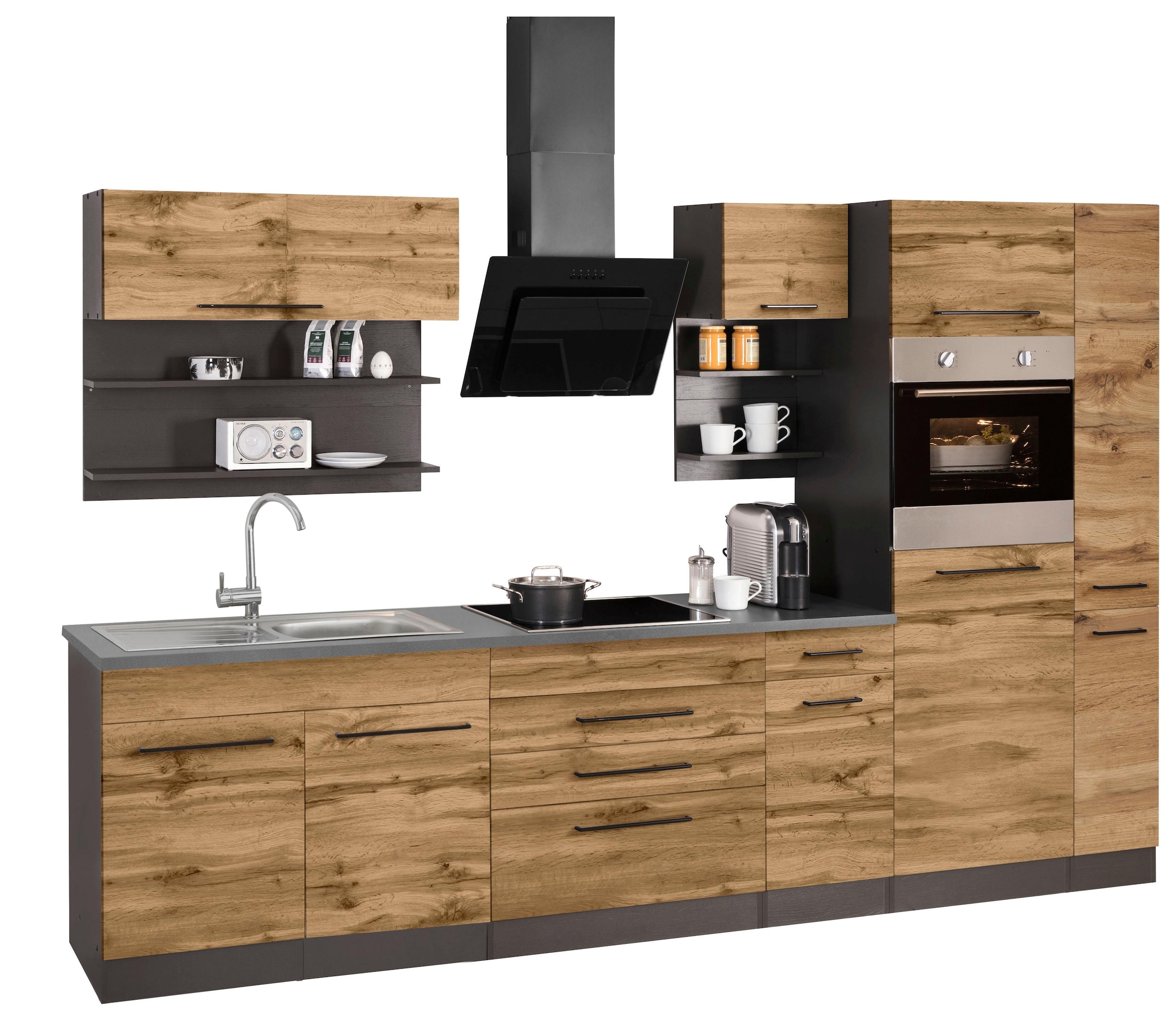 KOCHSTATION Küchenzeile »KS-Tulsa«, ohne E-Geräte, Breite 320 cm, schwarze Metallgriffe, MDF Fronten