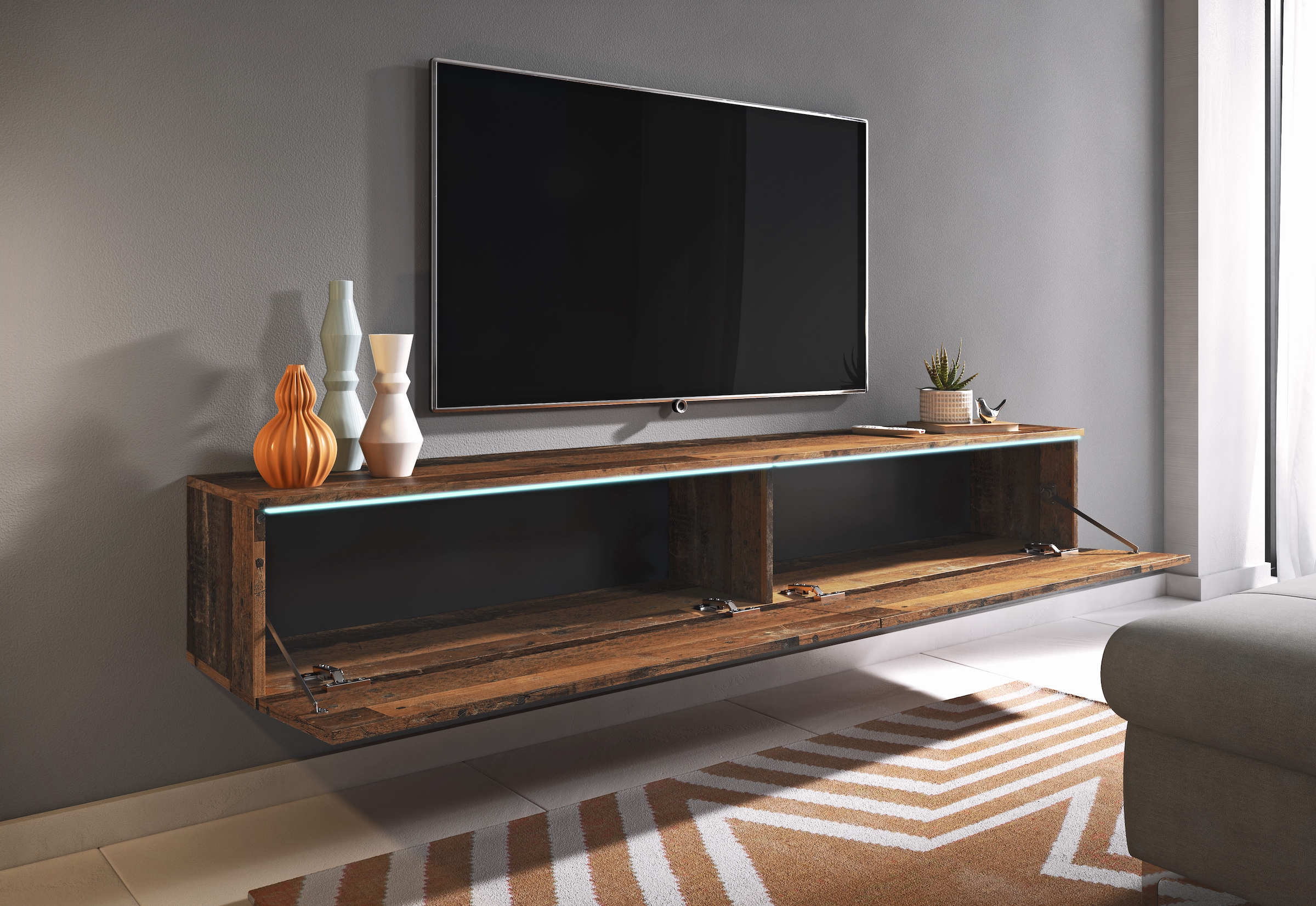INOSIGN Lowboard »LOWBOARD VERA, wahlweise mit oder ohne Beleuchtung«, Modernes griffloses TV-Board, 180 cm TV-Schrank, stehend und hängend