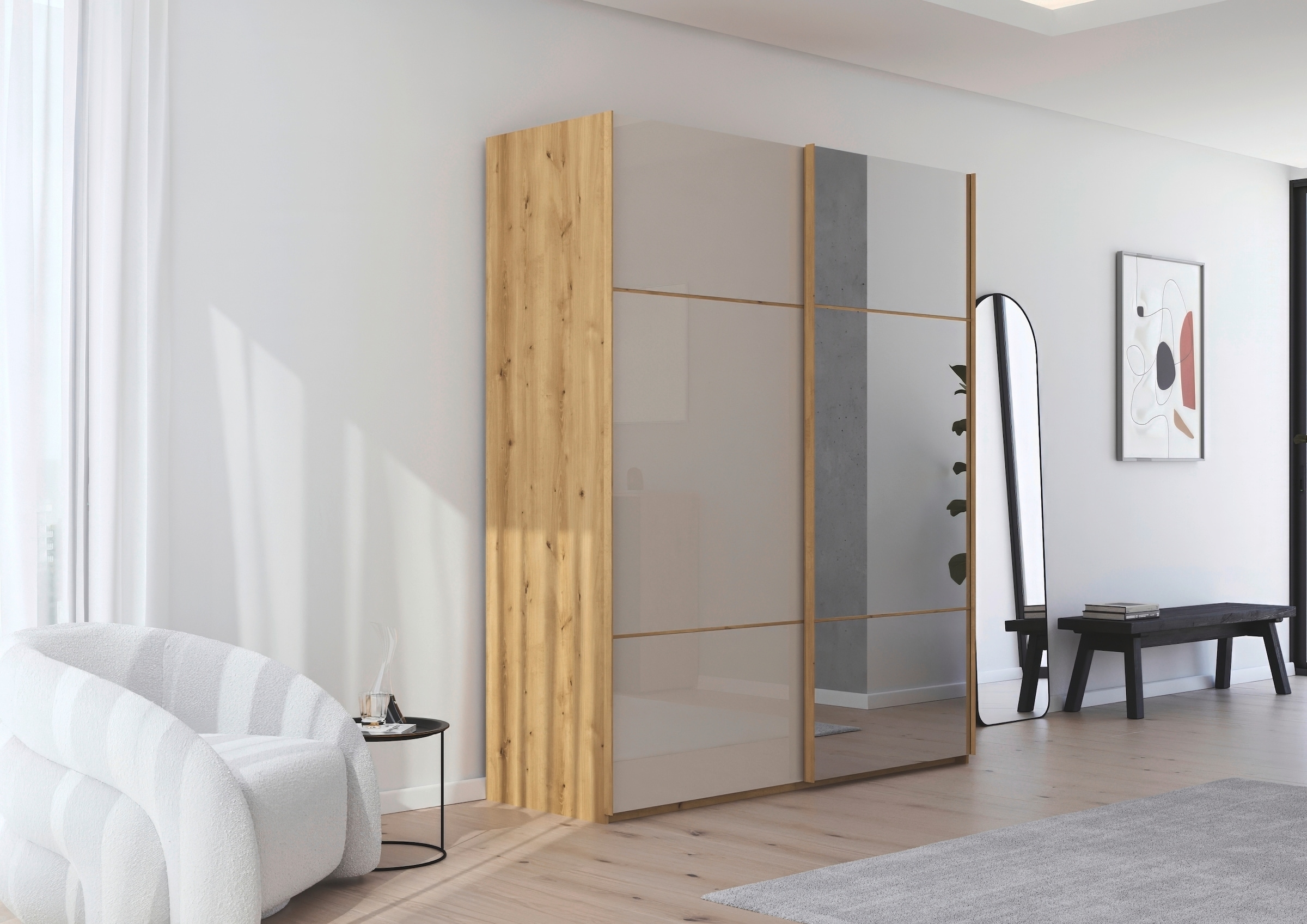 rauch Schwebetürenschrank »Kleiderschrank Schrank Garderobe Schlafzimmerschrank SCALE-TRIO«, edle dreigeteilte Front mit 2 Zierleisten Spiegel/Glas MADE IN GERMANY
