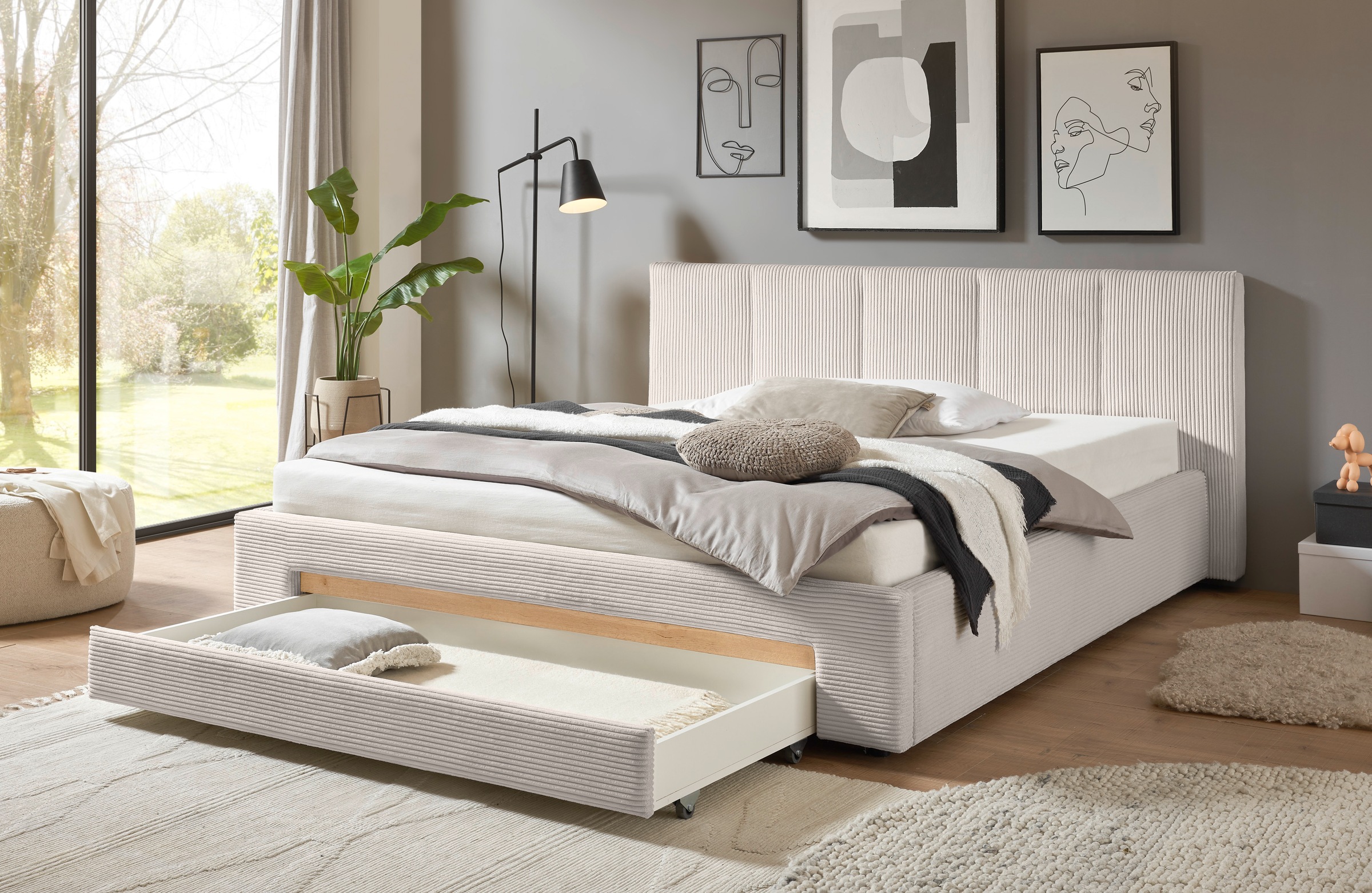 INOSIGN Polsterbett »CiTY/GiRON, Bettgestell mit Bettkasten, gepolstertes Stauraumbett«, mit Hundebett oder Stauraumschublade, Bezug Cord-oder Leinenoptik
