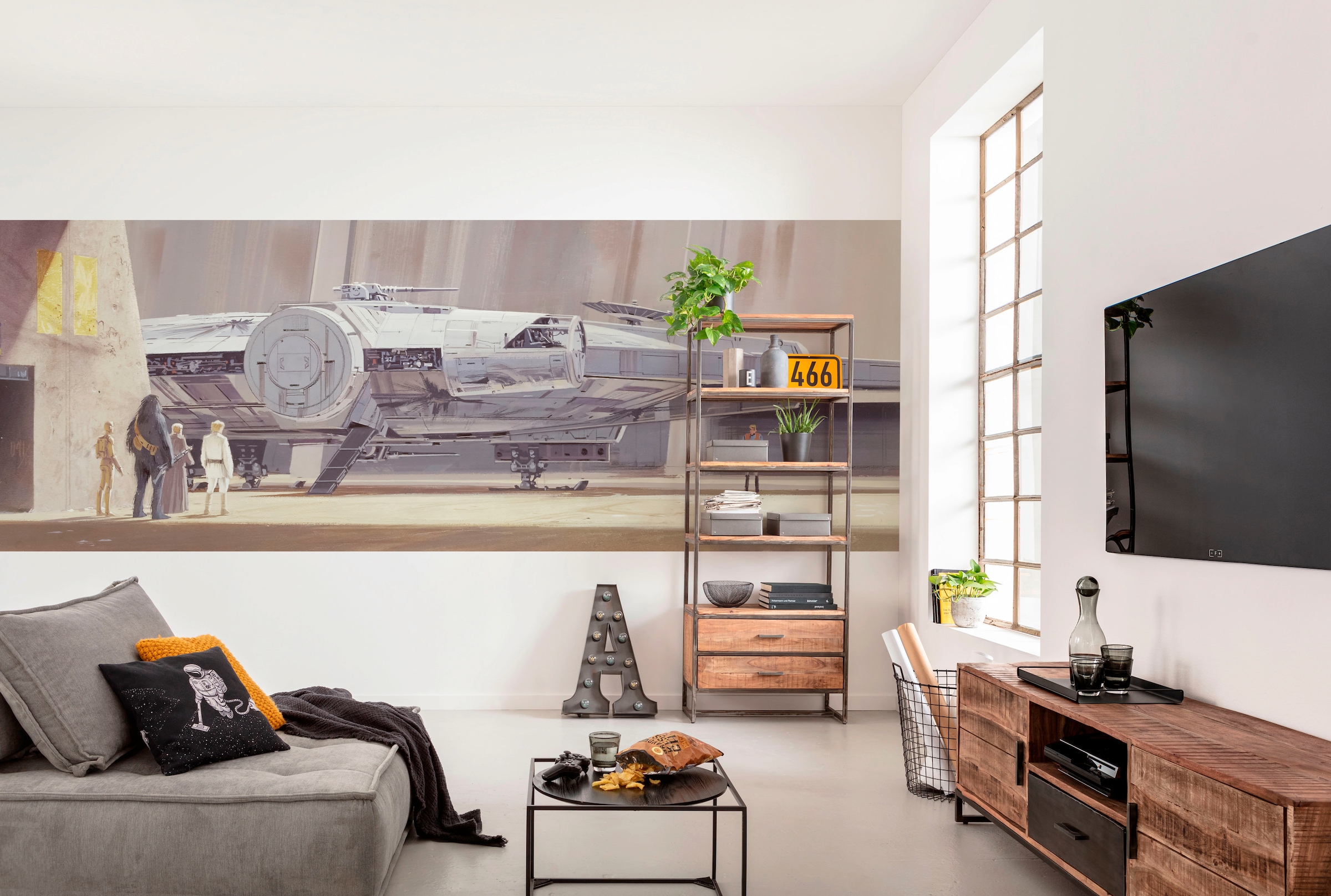 Komar Fototapete »STAR WARS Classic RMQ Millennium Falcon - Größe 368 x 127 cm«, bedruckt, Kinderzimmer