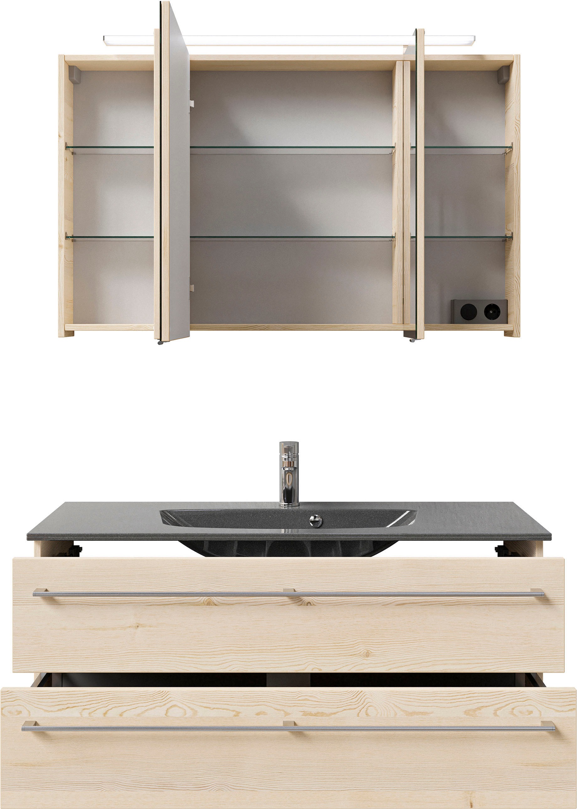 Saphir Badmöbel-Set »Serie 6025 2-teilig Mineralmarmor-Waschtisch mit LED-Spiegelschrank«, (2 St.), Waschplatz 117cm breit, 2 Schubladen, 3 Spiegel-Türen, inkl Türdämpfer