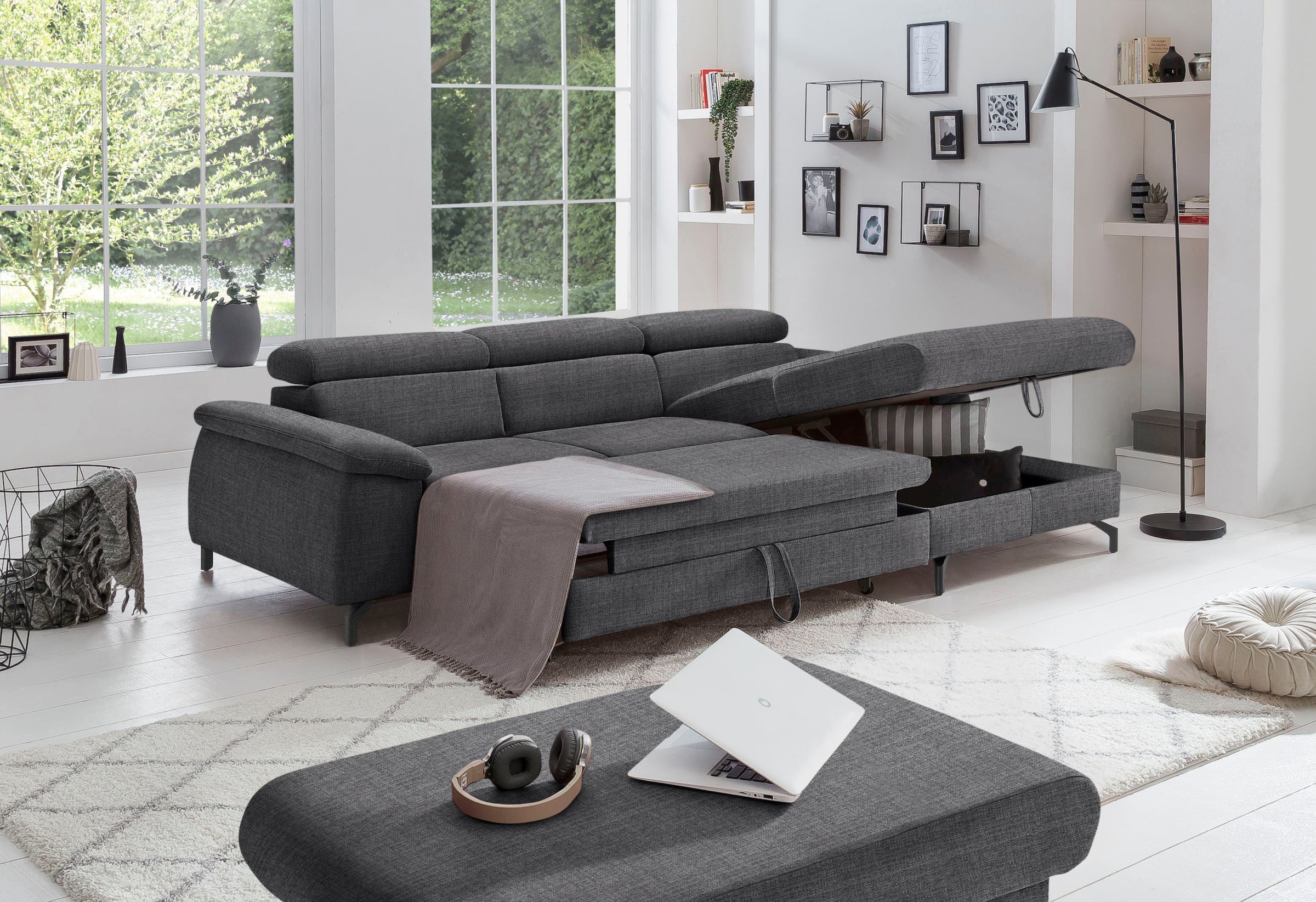 COTTA Polstergarnitur »Komaris L-Form«, (Set), Set bestehend aus: Ecksofa mit Kopfteilverstellung & Hocker