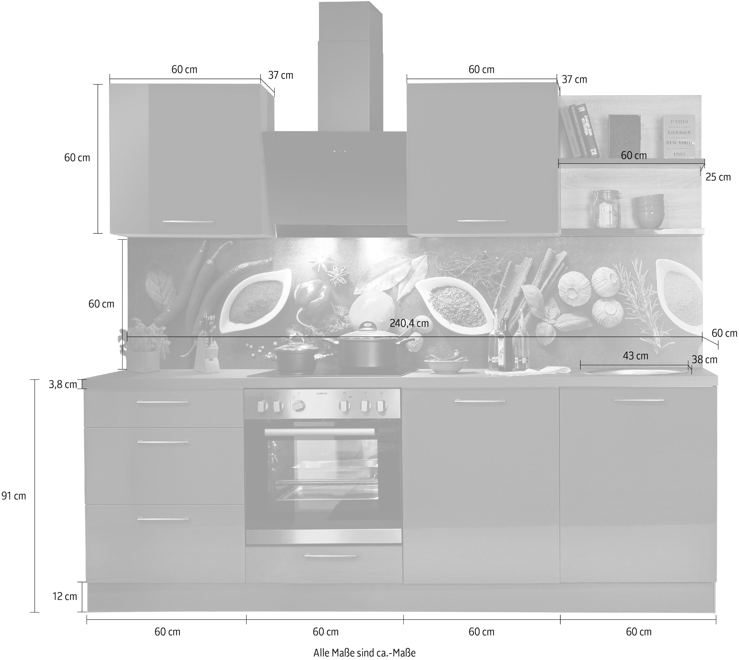 KOCHSTATION Küchenzeile »"KS-Jena", vormontiert, Breite 240 cm«, mit Soft-Close-Funktion, wahlw. mit E-Geräten inkl. Geschirrspüler