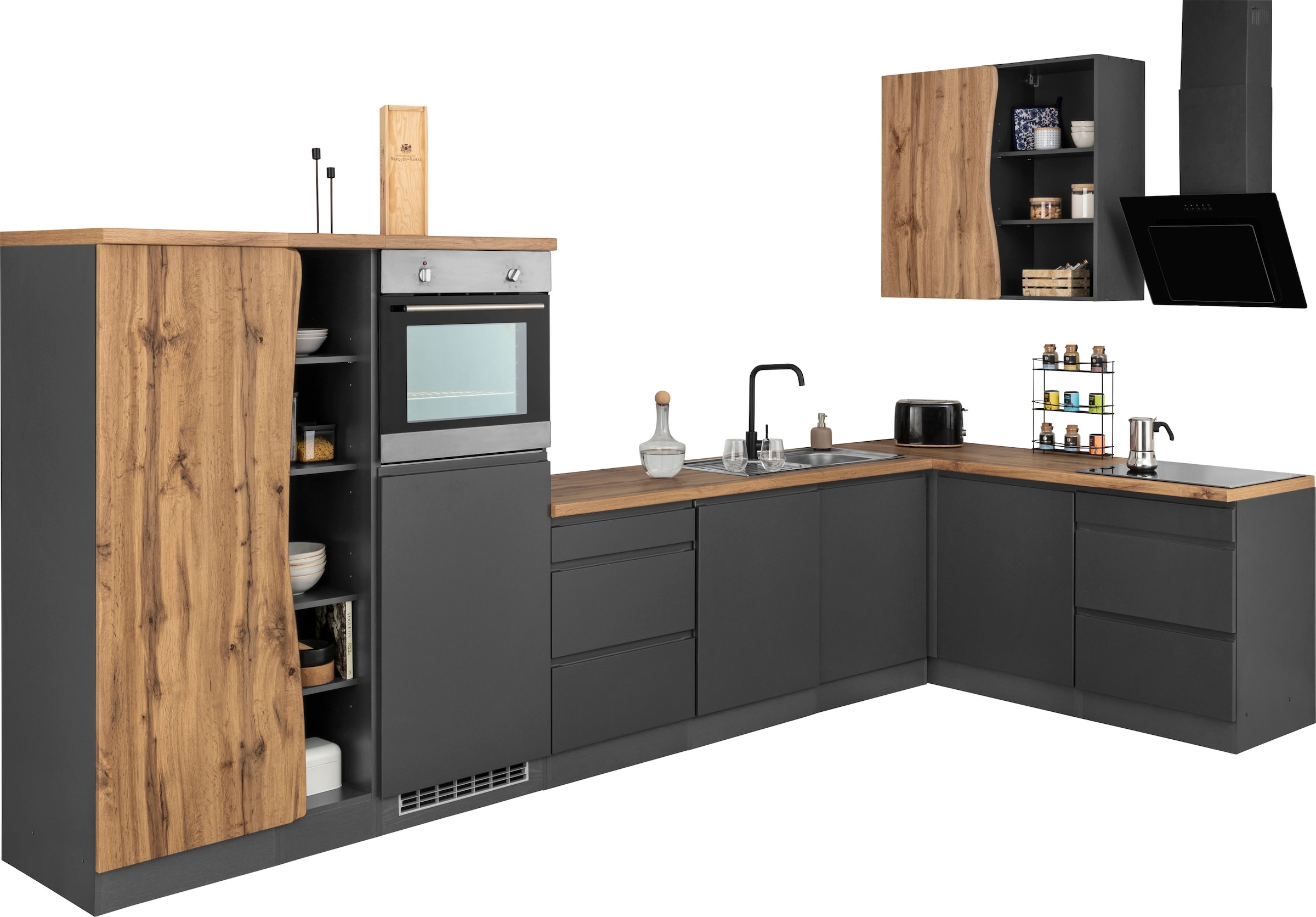 KOCHSTATION Winkelküche »KS-Bruneck«, Stellbreite 380/180 cm breit, Ceran oder Induktionskochfeld, MDF