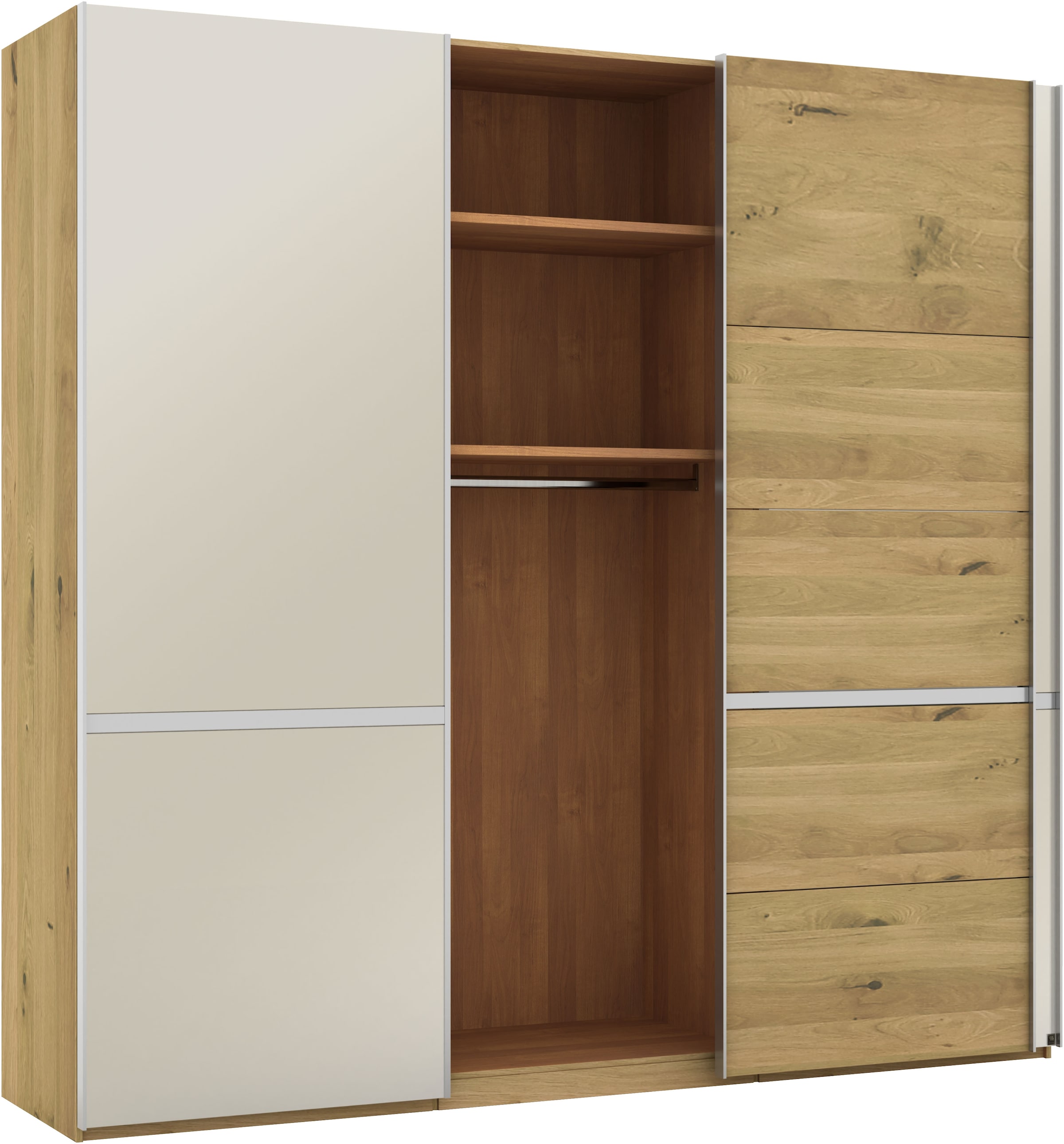 Musterring Schwebetürenschrank »Savona, Kleiderschrank, Schrank, Garderobe, mit Schiebetüren«, (Teilmassiv Bianco-Eiche, mit Spiegel oder Glas, MADE IN GERMANY), Türen Bianco-Eiche massiv, Spiegel-/Glastüren, eingelegte Chromleiste