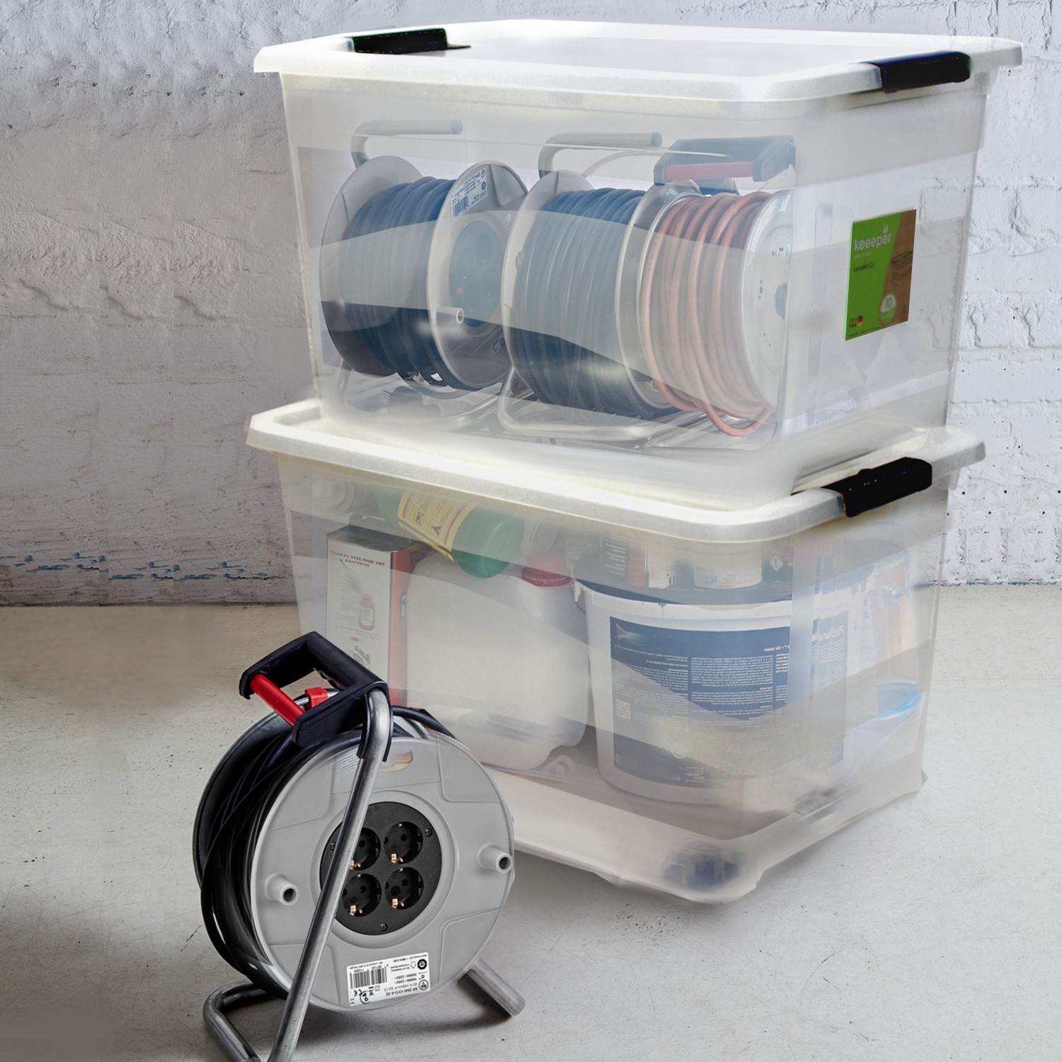 keeeper Aufbewahrungsbox »Clipbox Leo (Set 3 St.) 56 L, 59 x 38 x 35,5 cm« Schanierclips, Doppelöffnung, 90° drehbare Räder, fixierbarer Deckel