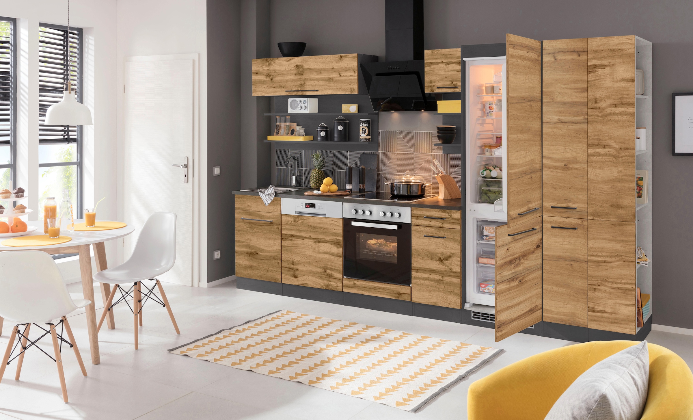 KOCHSTATION Küchenzeile »KS-Tulsa«, mit E-Geräten, Breite 300 cm, schwarze Metallgriffe, MDF Fronten