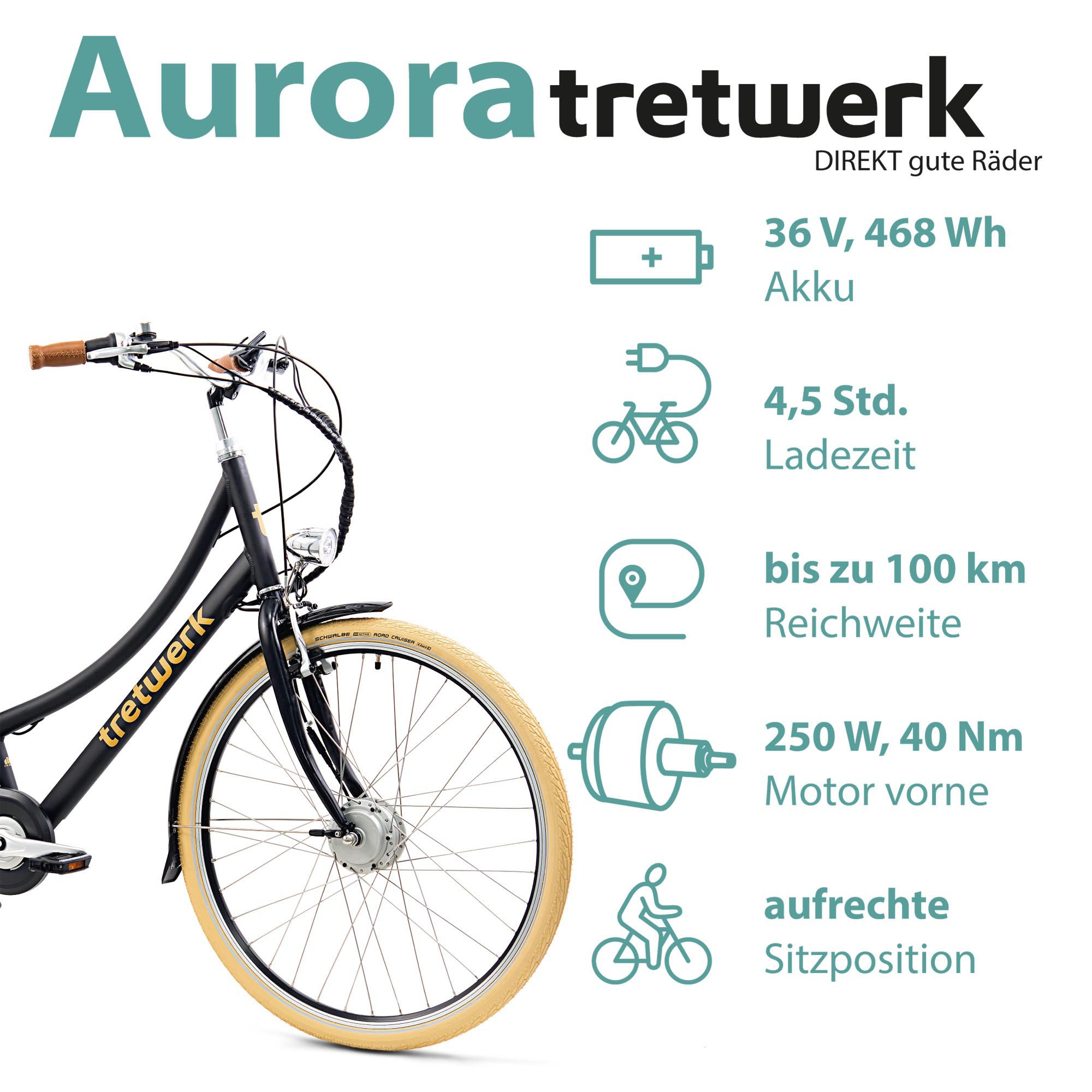 Tretwerk E-Bike »Aurora«, 7 Gang, Frontmotor 250 W, (im Retro-Stil), Pedelec, Elektrofahrrad für Damen u. Herren
