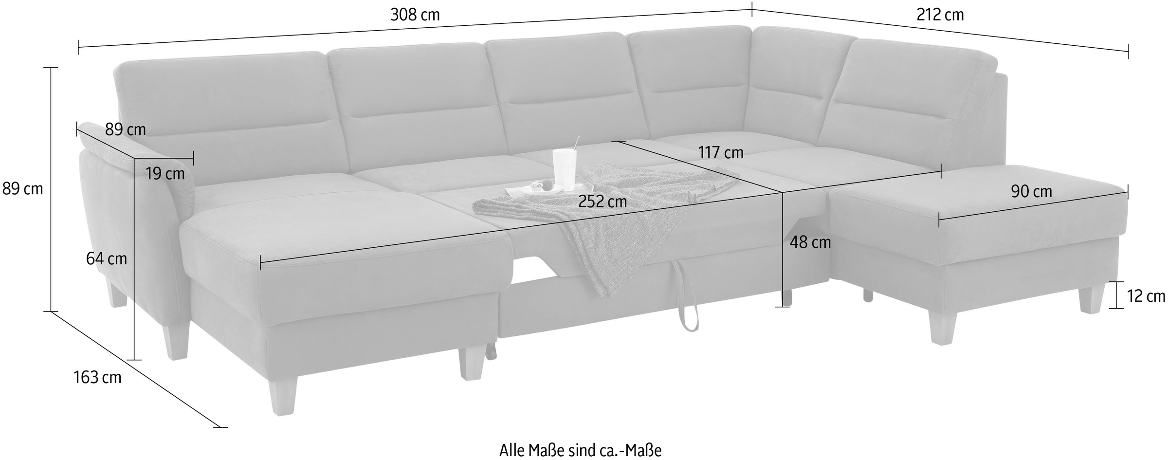 Home affaire Wohnlandschaft »Palmera U-Form, B: 308 cm«, optional Bettfunktion & Bettkasten, Federkern