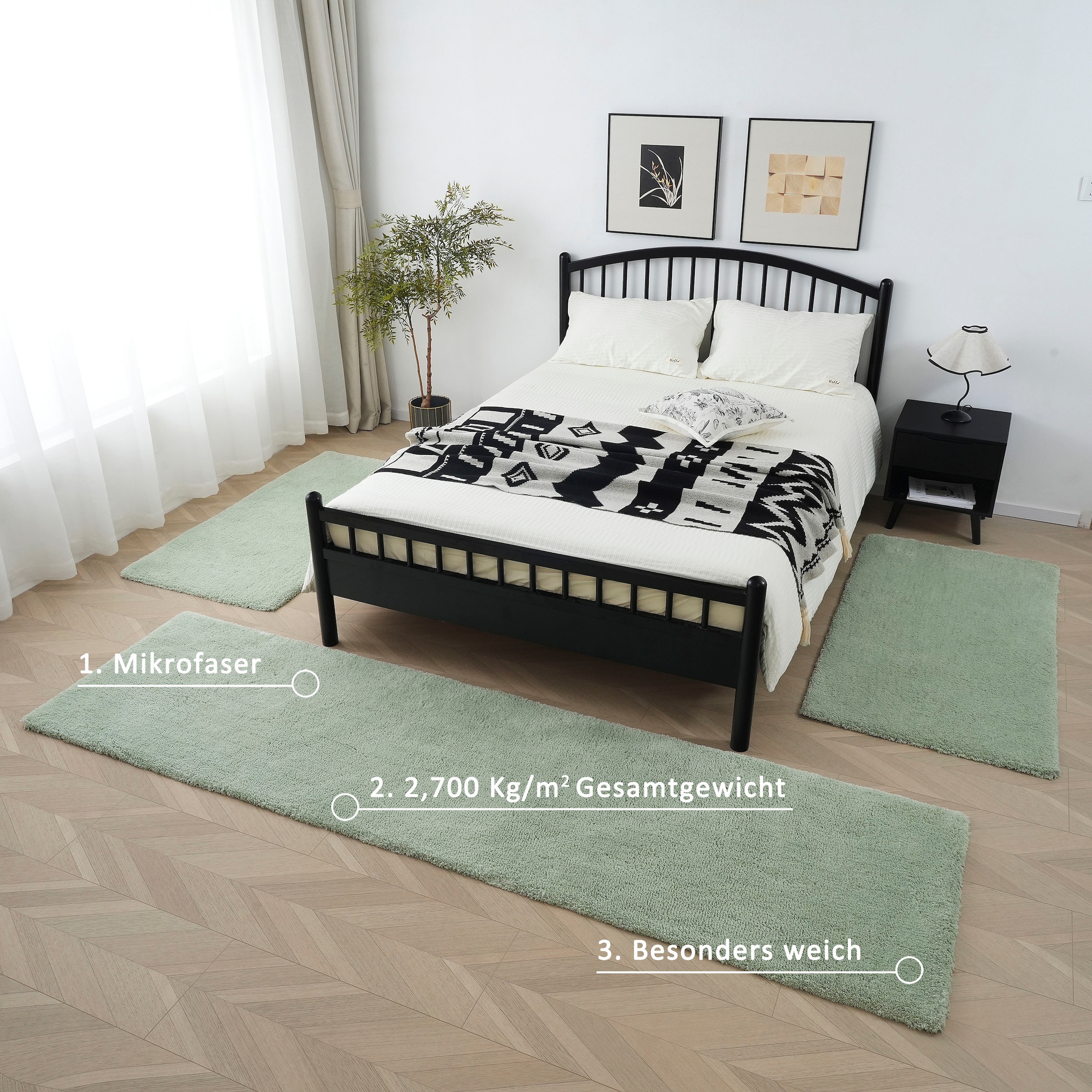 my home Hochflor-Bettumrandung »Microfaser Teppich Magong, besonders weich, sehr feiner Flor«, (3 tlg.), uni, einfarbiger Bettvorleger, Läufer-Set, Schlafzimmer, Kinderzimmer