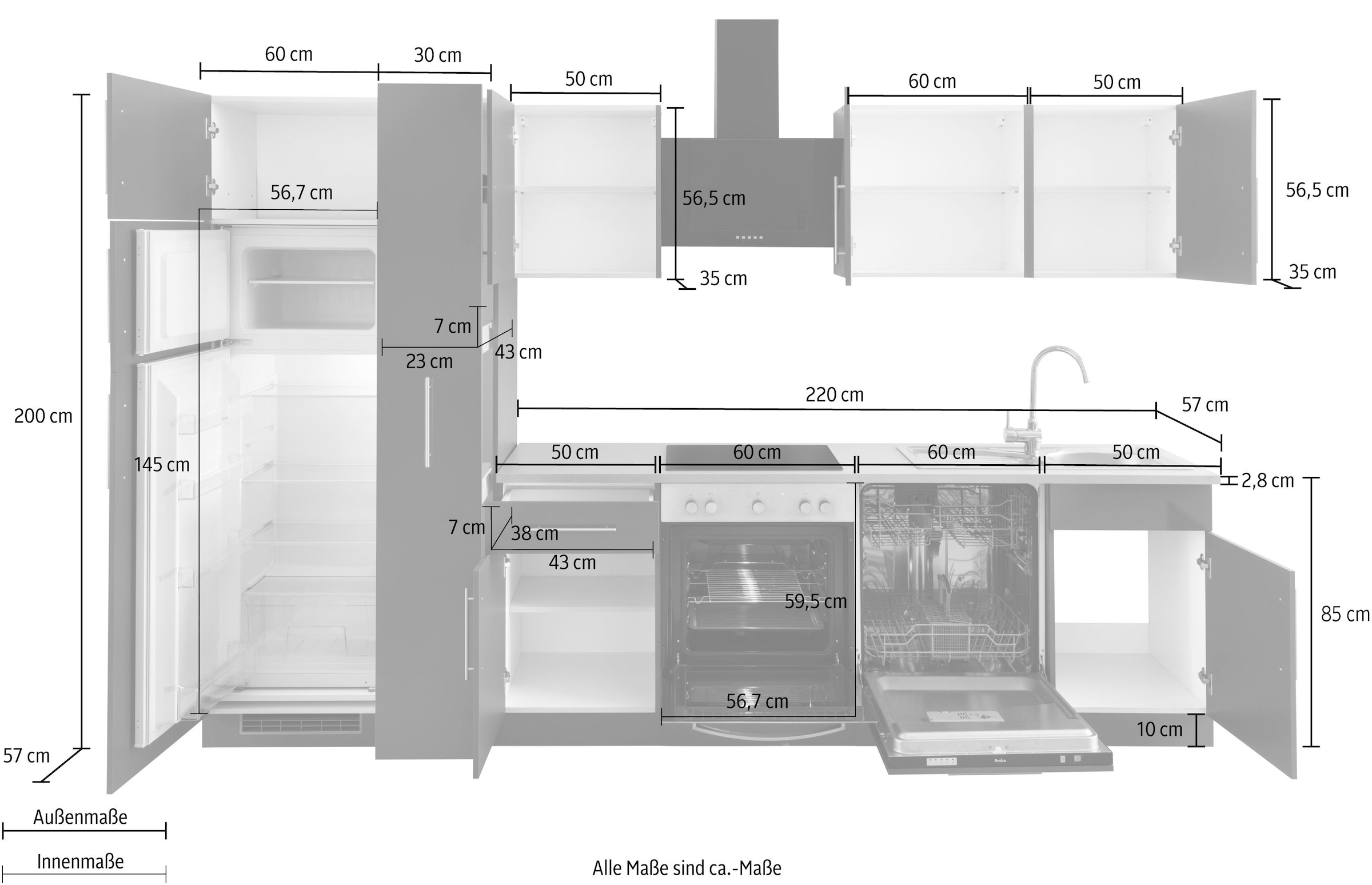 online Kühl-Gefrierkombination, mit Küchenzeile Breite Küchen wiho und kaufen »Cali«, E-Geräten 310 cm
