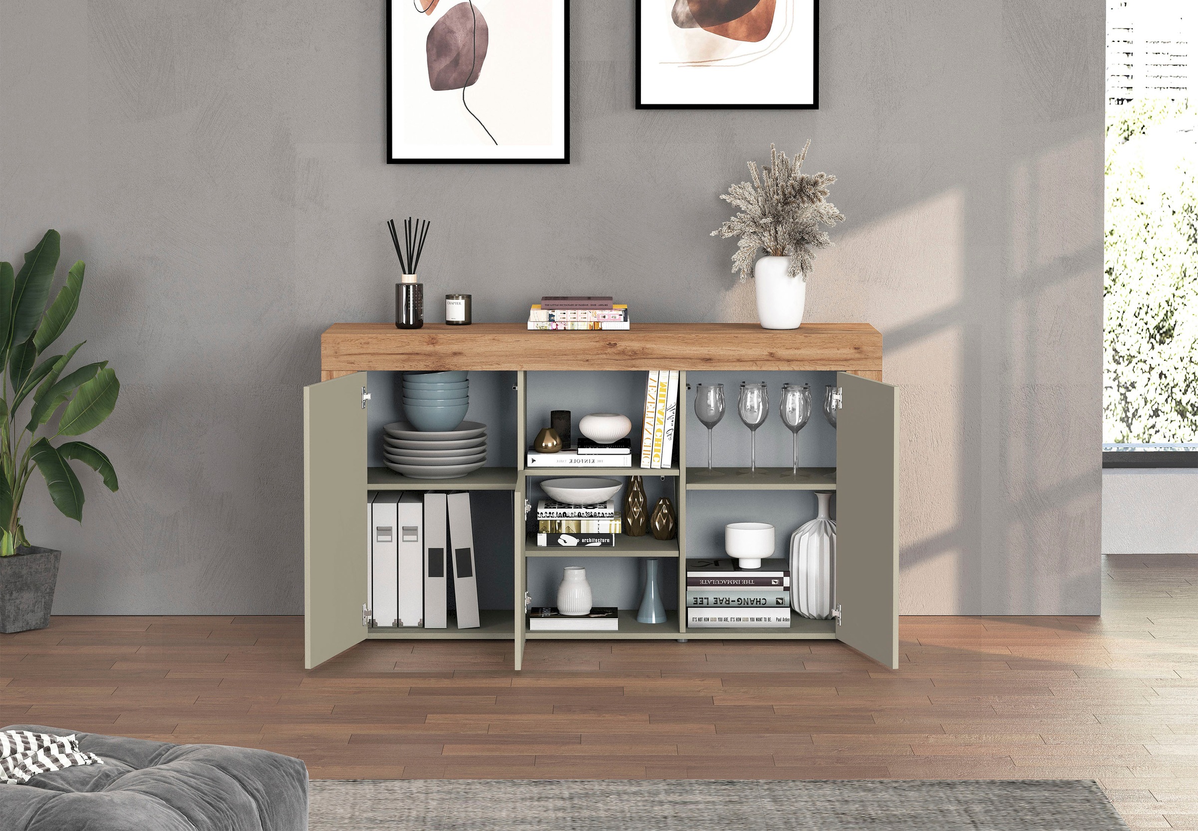 INOSIGN Sideboard »CHRONOS Breite 155 cm mit 3 Türen, 1 offenes und 6 geschlossene Fächer«, (1 St.), Sideboard,Kommode, Schrank, Grifflos mit Push to Open, Made in Italy