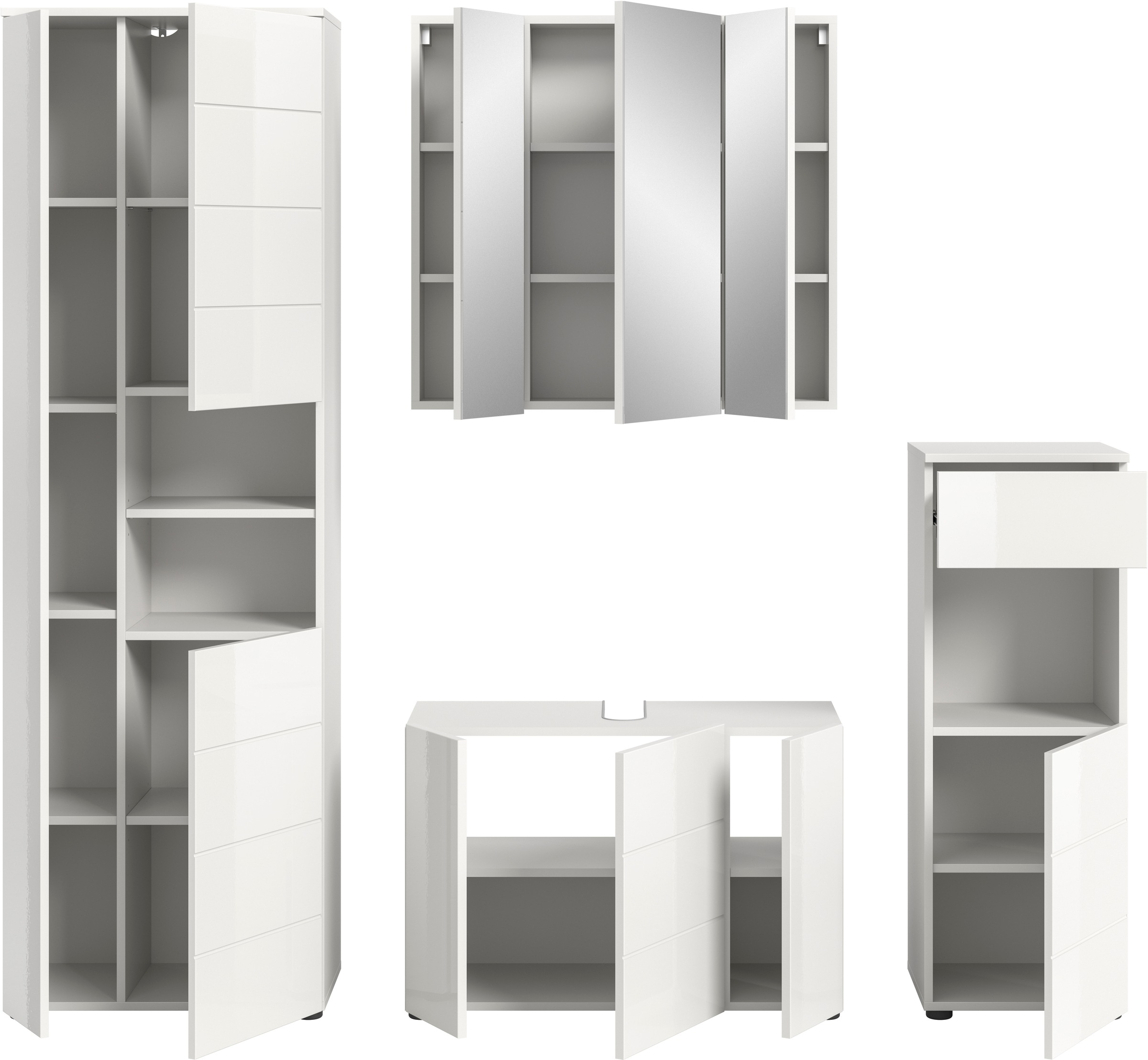welltime Badmöbel-Set »Biel, Höhe 190 cm, Hochschrank, Unterschrank, Spiegel, Standschrank«, (4 St.), Bad Set, modernes Design, Hochschrank, Unterschrank, Spiegel