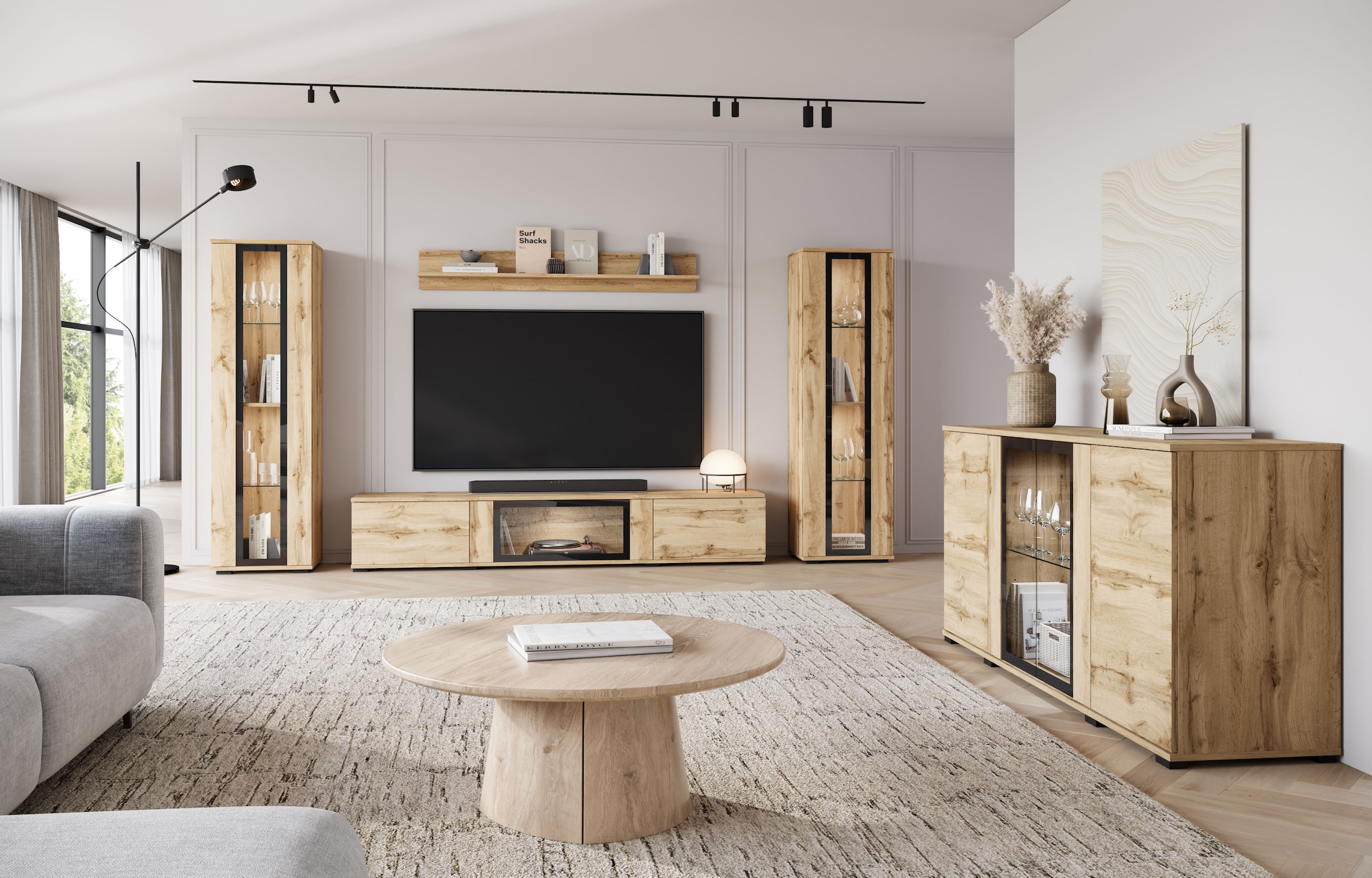 INOSIGN Wohnwand »Caro, stehend und hängend montierbar«, (Komplett-Set, 4 St., Vitrine Türanschlag links/rechts wechselbar), grifflose Design, höhenverstellbare Einlegeböden