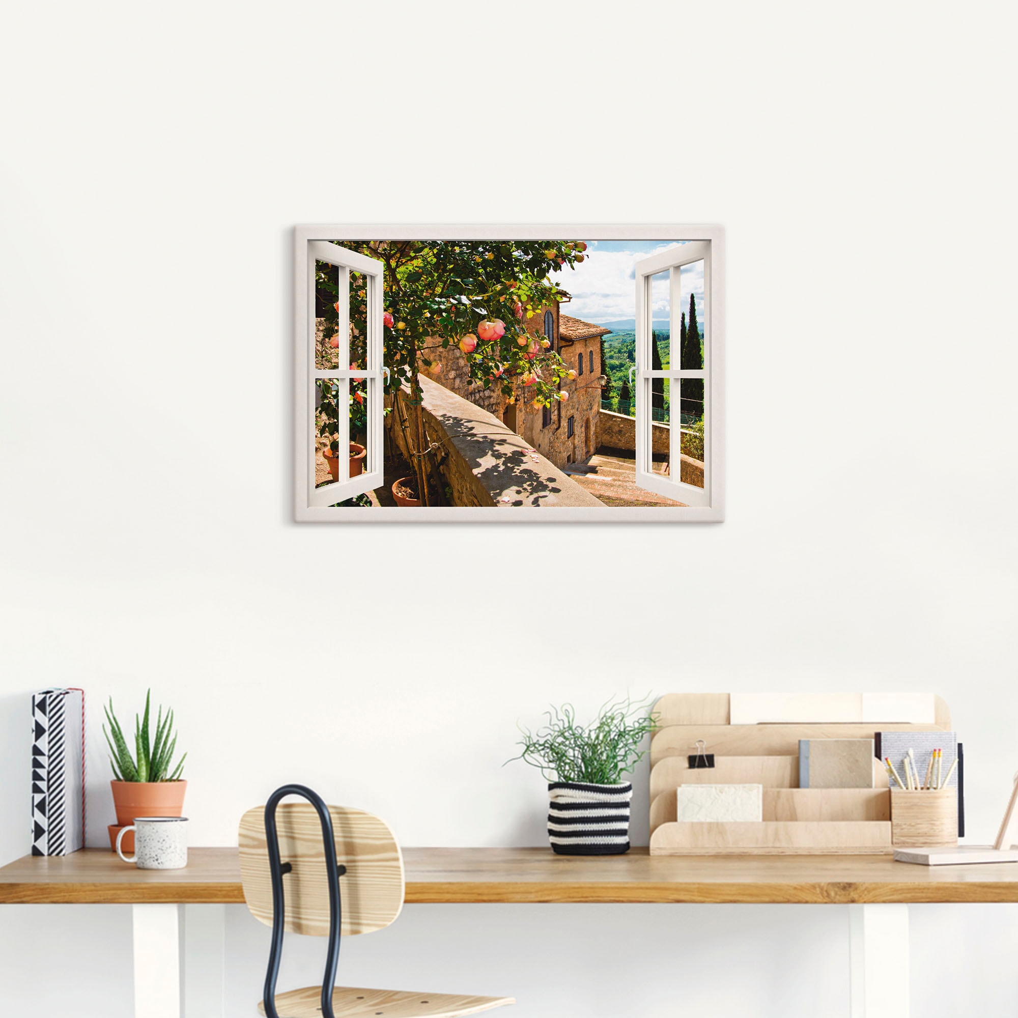 Artland Wandbild »Fensterblick Rosen auf Balkon Toskana«, Garten, (1 St.), als Alubild, Outdoorbild, Leinwandbild, Poster, Wandaufkleber