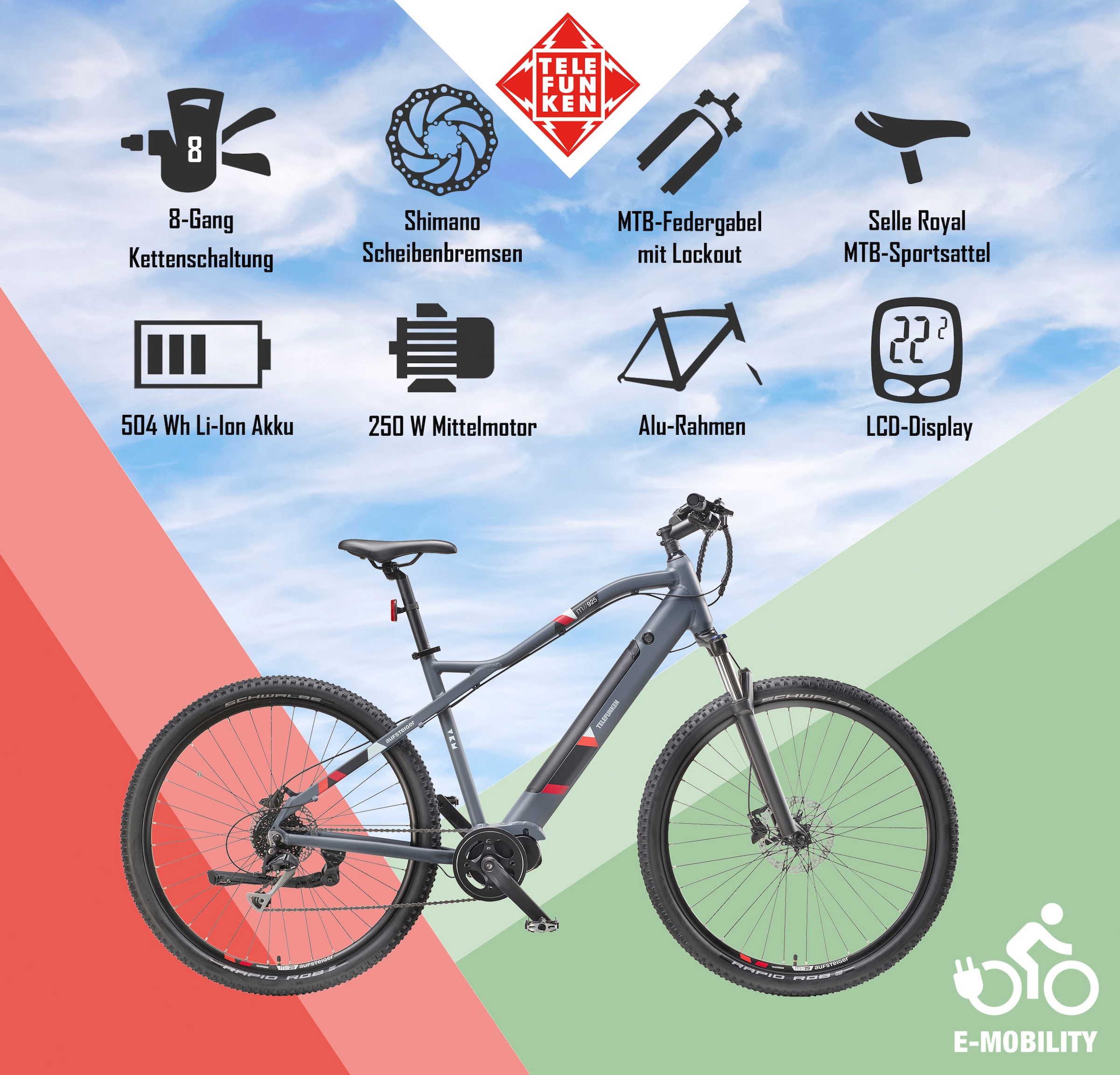 Telefunken E-Bike »Aufsteiger M925«, 8 Gang, Shimano, Acera, Mittelmotor 250 W, Pedelec, Elektrofahrrad für Damen u. Herren, MTB