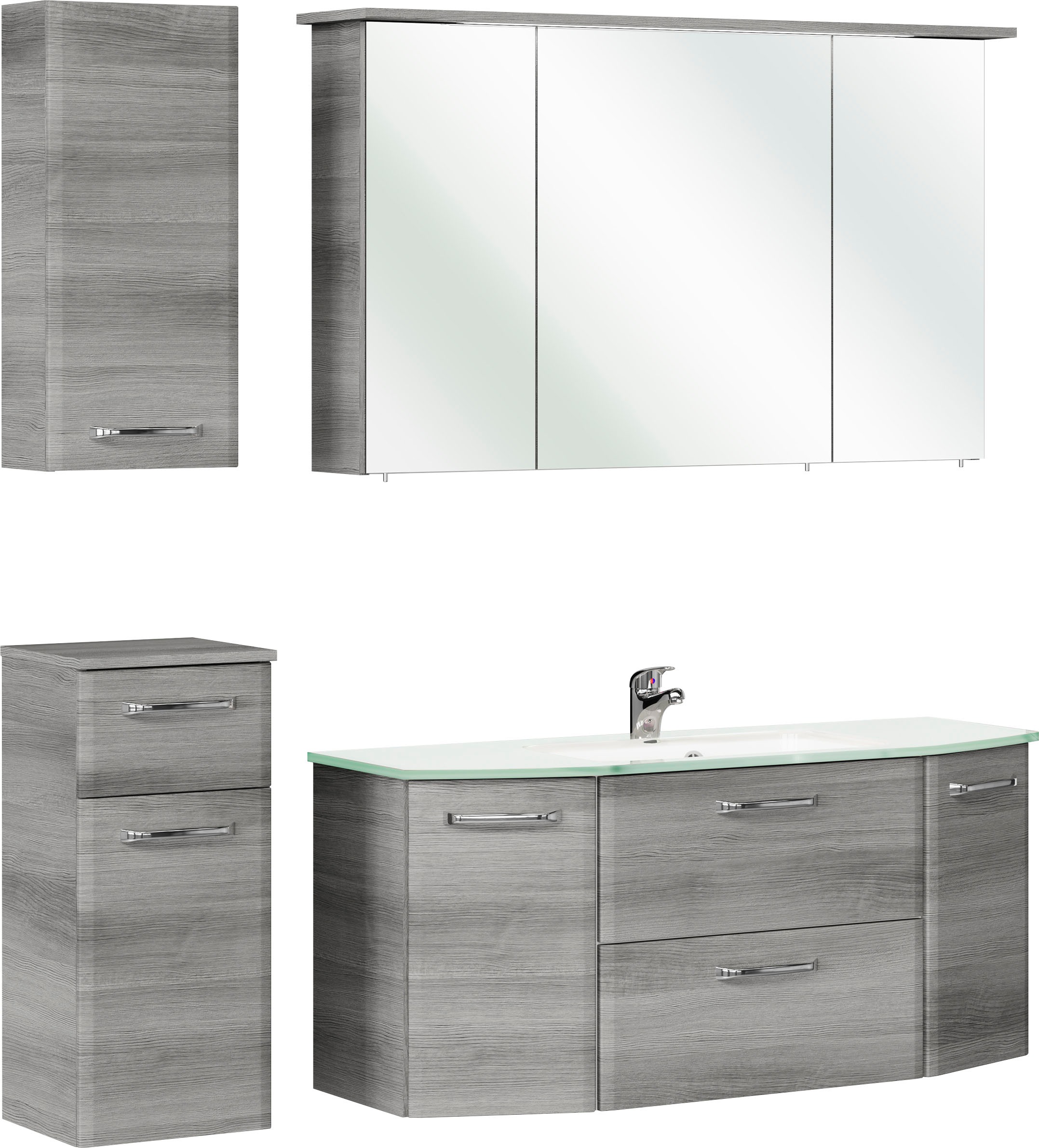 Saphir Badmöbel-Set »Quickset 4-teilig, Glaswaschtisch und LED-Spiegelschrank«, (5 St.), Unterschrank, Hängeschrank, inkl. Türdämpfer, 7 Türen, 1 Klappe