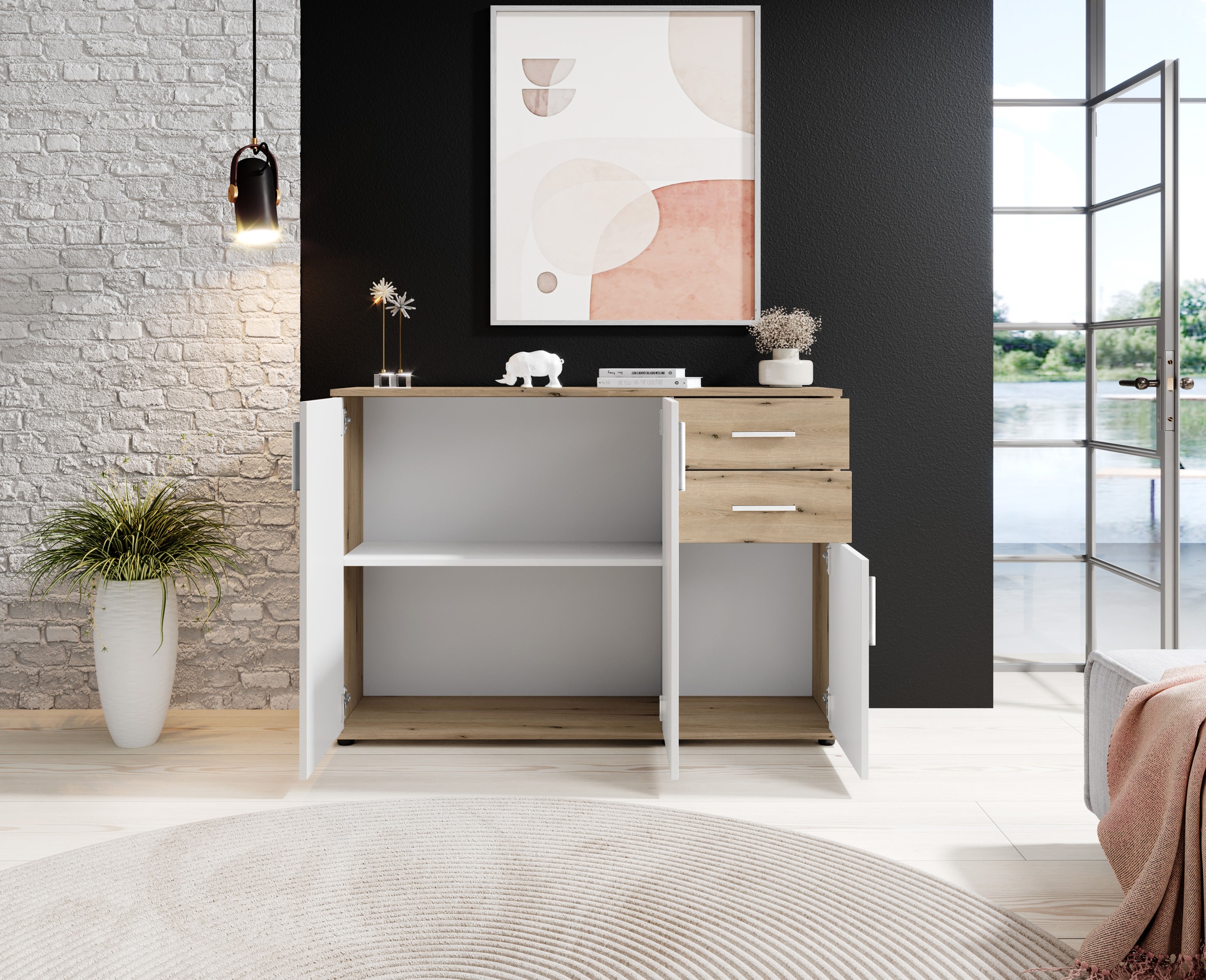 HBZ Kommode »BC-Drift-2, Sideboard Stellmaß BxHxT 120x84x35 cm«, (1 St.), Kommode mit 3 Türen, 2 Schubkästen und 1 Einlegeboden