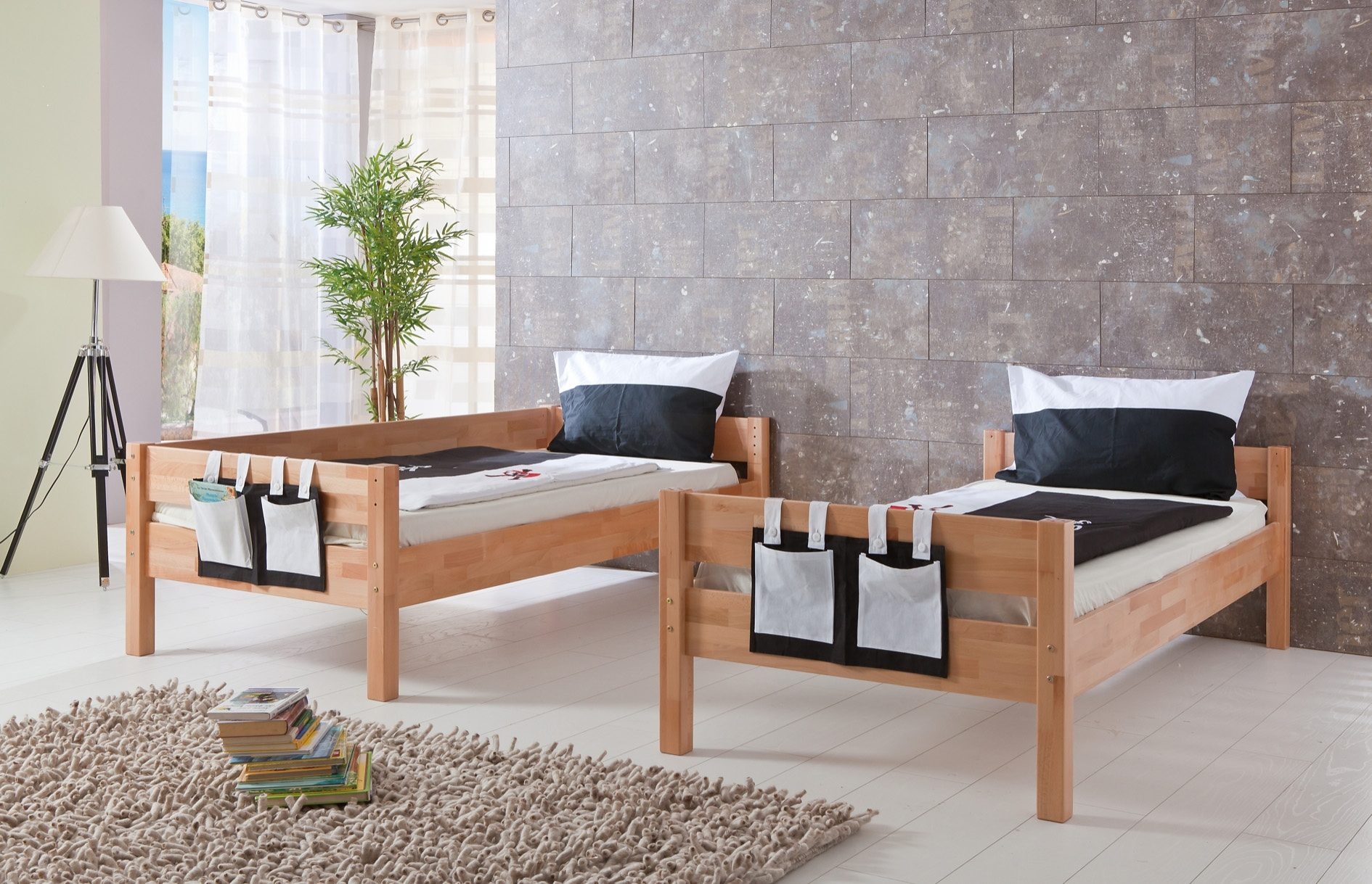 Relita Etagenbett »Stefan«, inkl. Rolllattenrost, mit Leiter u. Absturzschutz, Textil-Set, Buche