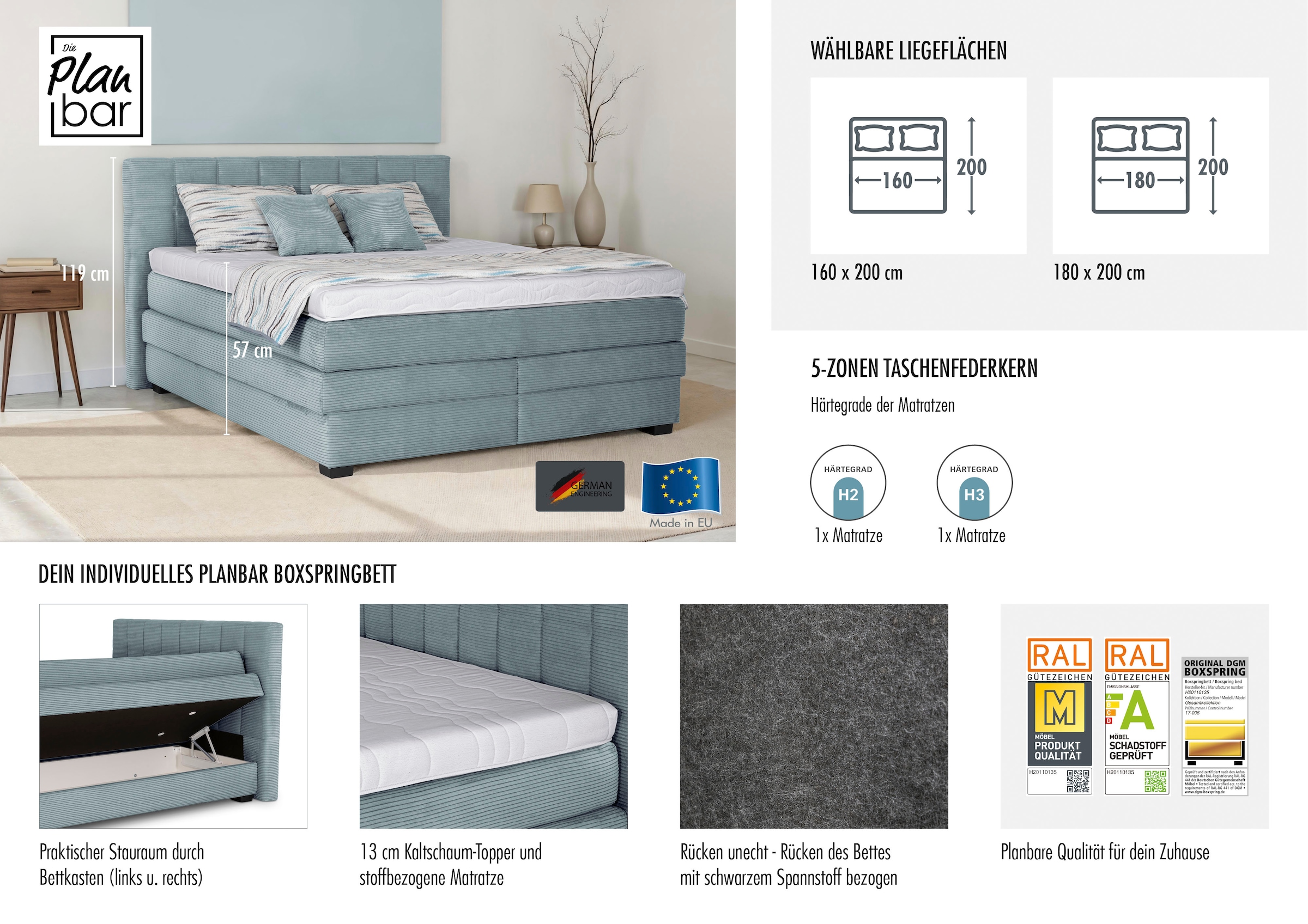 Die PlanBar Boxspringbett »OC-ON21088« inkl. Matratzen u. Bonellfederkern Unterbau, Stauraum, 160/180x200cm