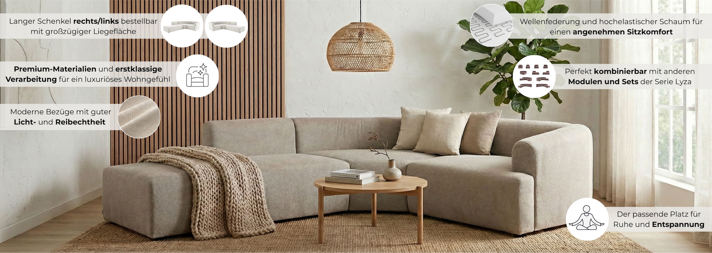 LeGer Home by Lena Gercke Ecksofa »LYZA L-Form links/rechts, Modularsofa, Maße B/T/H: 211/267/74 cm« als Modul oder separat verwendbar, für individuelle Zusammenstellung