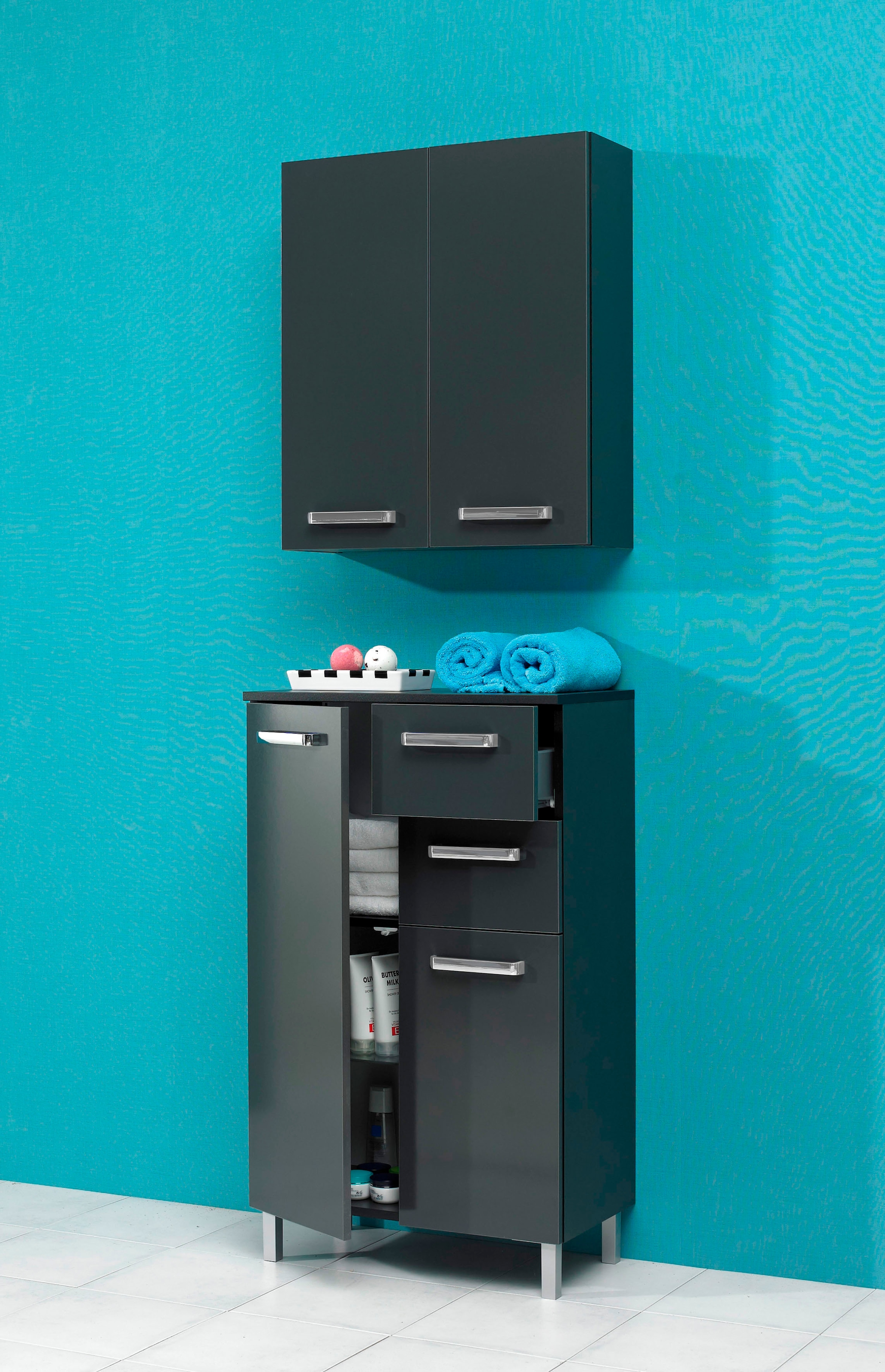 Saphir Unterschrank »Quickset Badschrank mit 2 Türen, 2 Schubladen, 60 cm breit«, Badezimmer-Unterschrank inkl. Türdämpfer, Griffe in Chrom Glanz