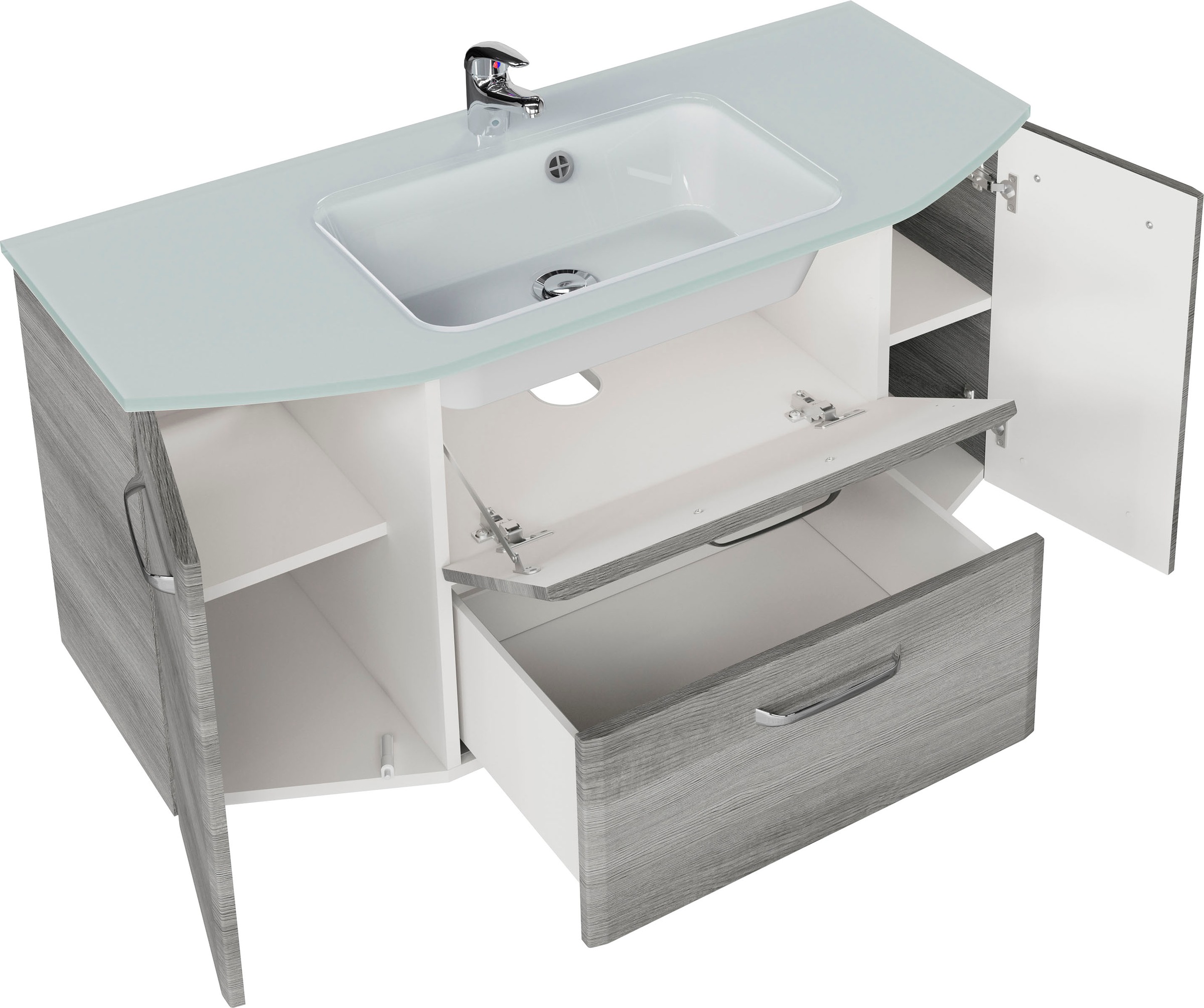 Saphir Badmöbel-Set »Quickset 4-teilig, Glaswaschtisch und LED-Spiegelschrank«, (5 St.), Unterschrank, Hängeschrank, inkl. Türdämpfer, 7 Türen, 1 Klappe
