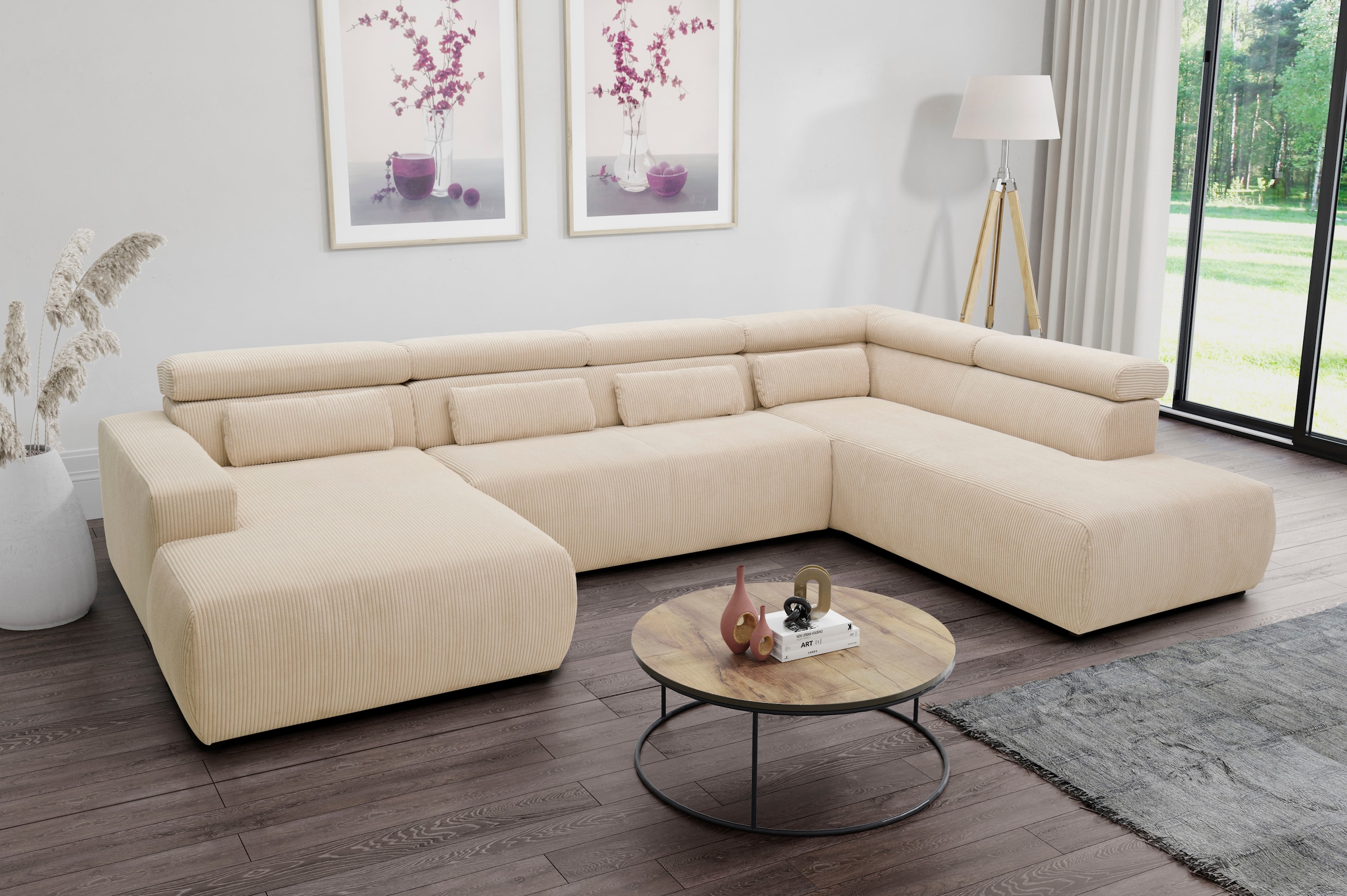 DOMO collection Wohnlandschaft »Brandon viele Bezugsarten, auch in Cord und Leder, incl. Nierenkissen«, mit Kopfteilverstellung, wahlweise Sitztiefenverstellung, U-Form